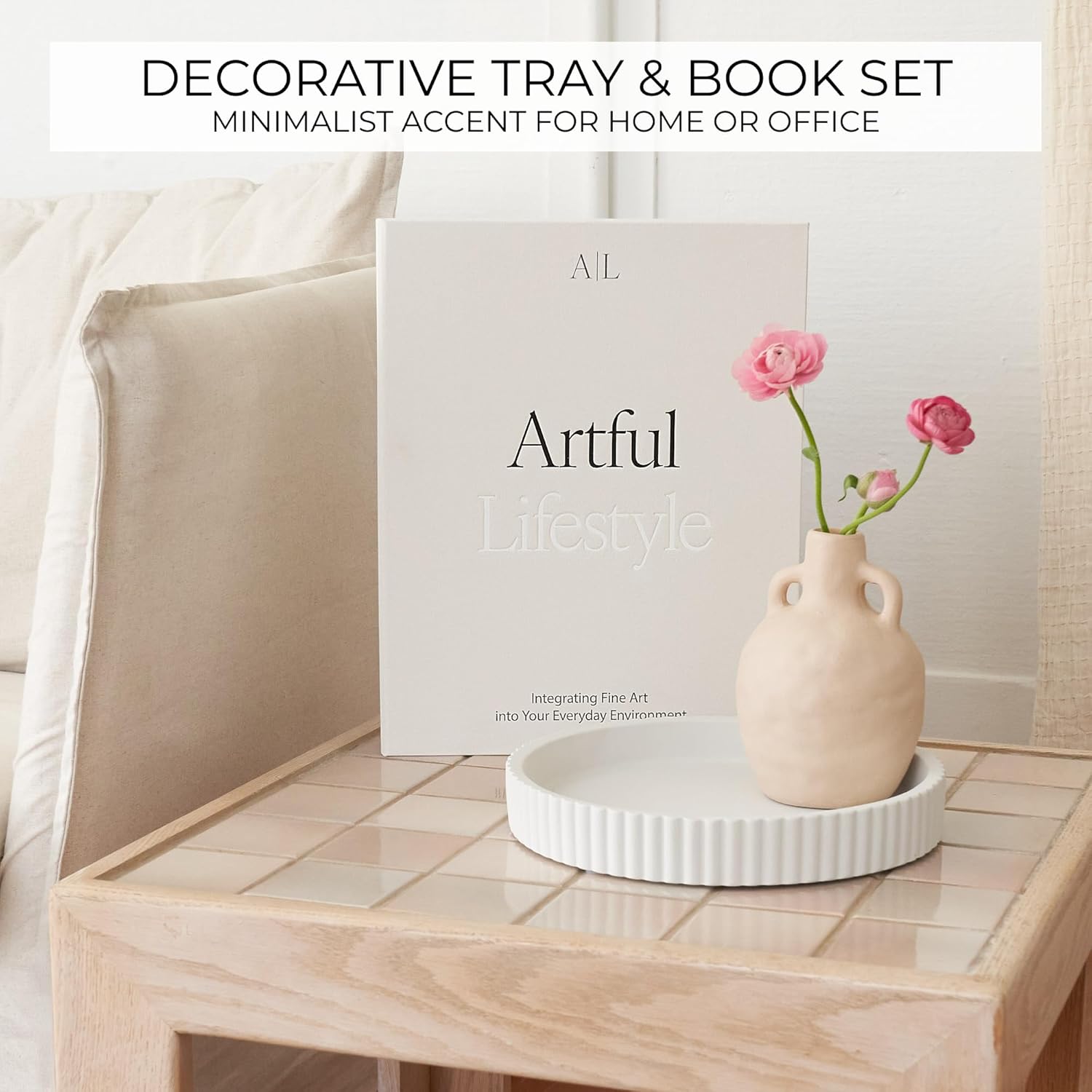 Scalloped Tray & Linen Box Coffee Table or Bookshelf Decor / Beige