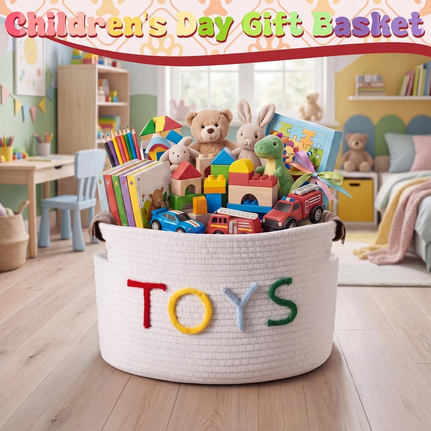 Handles Woven Basket for Stuffers Cotton Rope Storage / Colorful / Toy