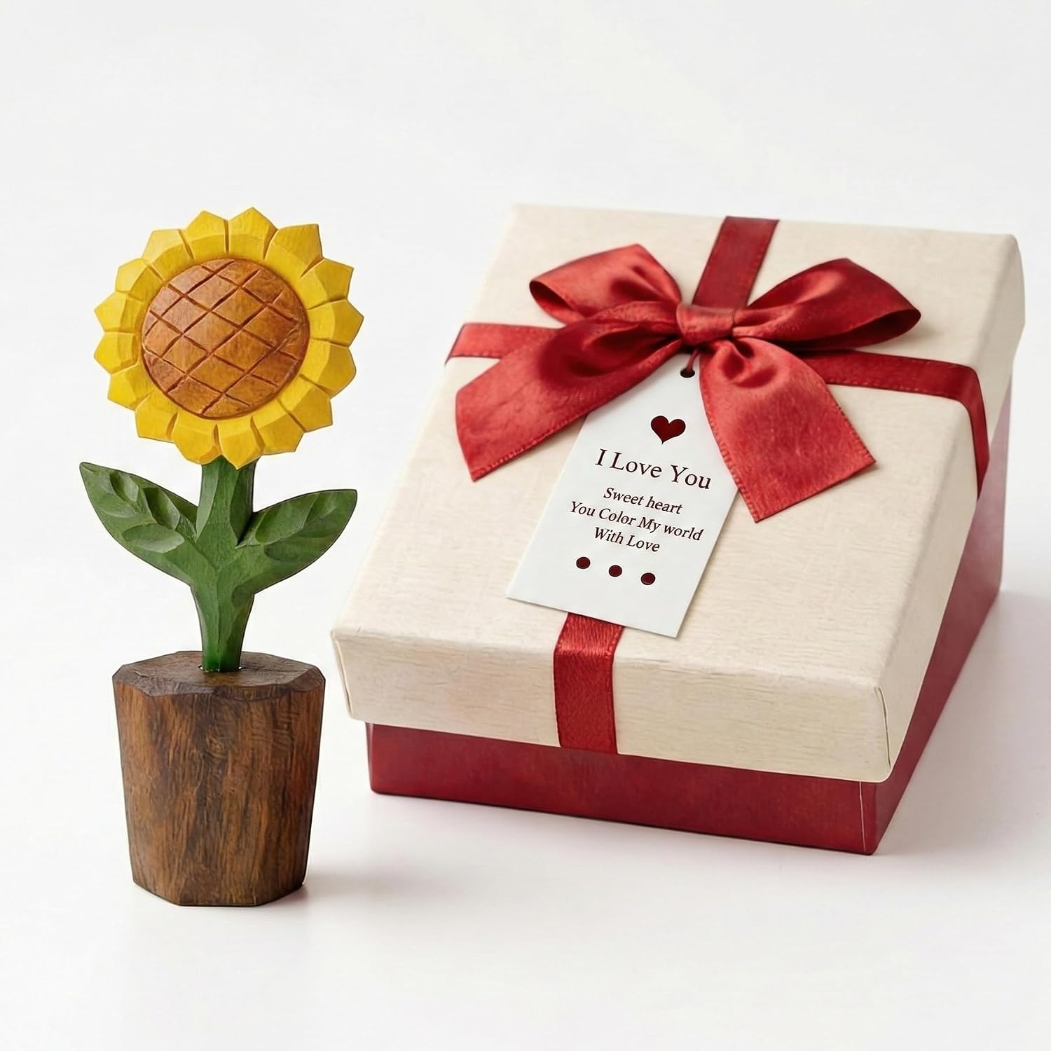 Hand-Carved Wooden Sunflower Figurine / Yellow Sunflower