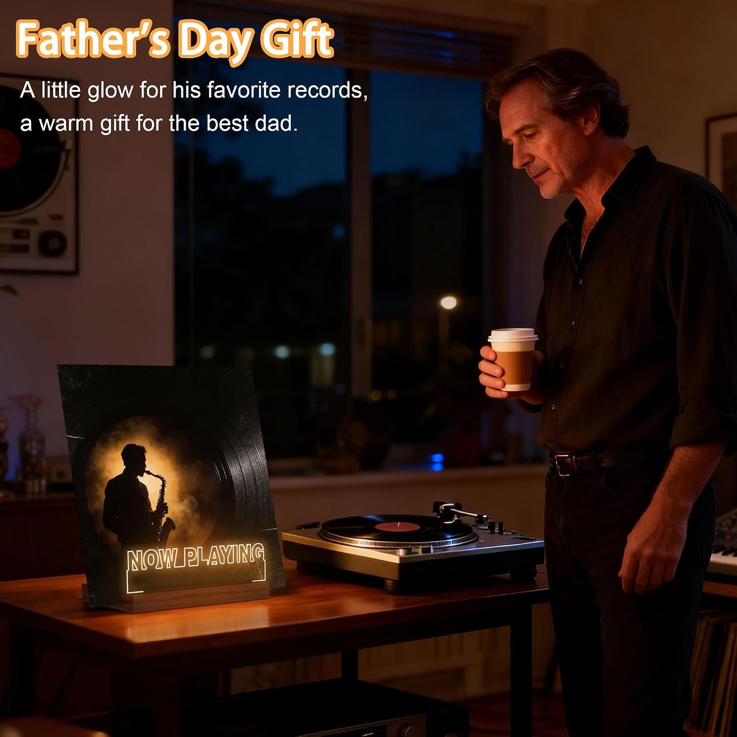 CoolGift Mart Now Playing Vinyl Record Stand, Light up Record Holder, Wooden Acrylic Display with Warm White Lights for