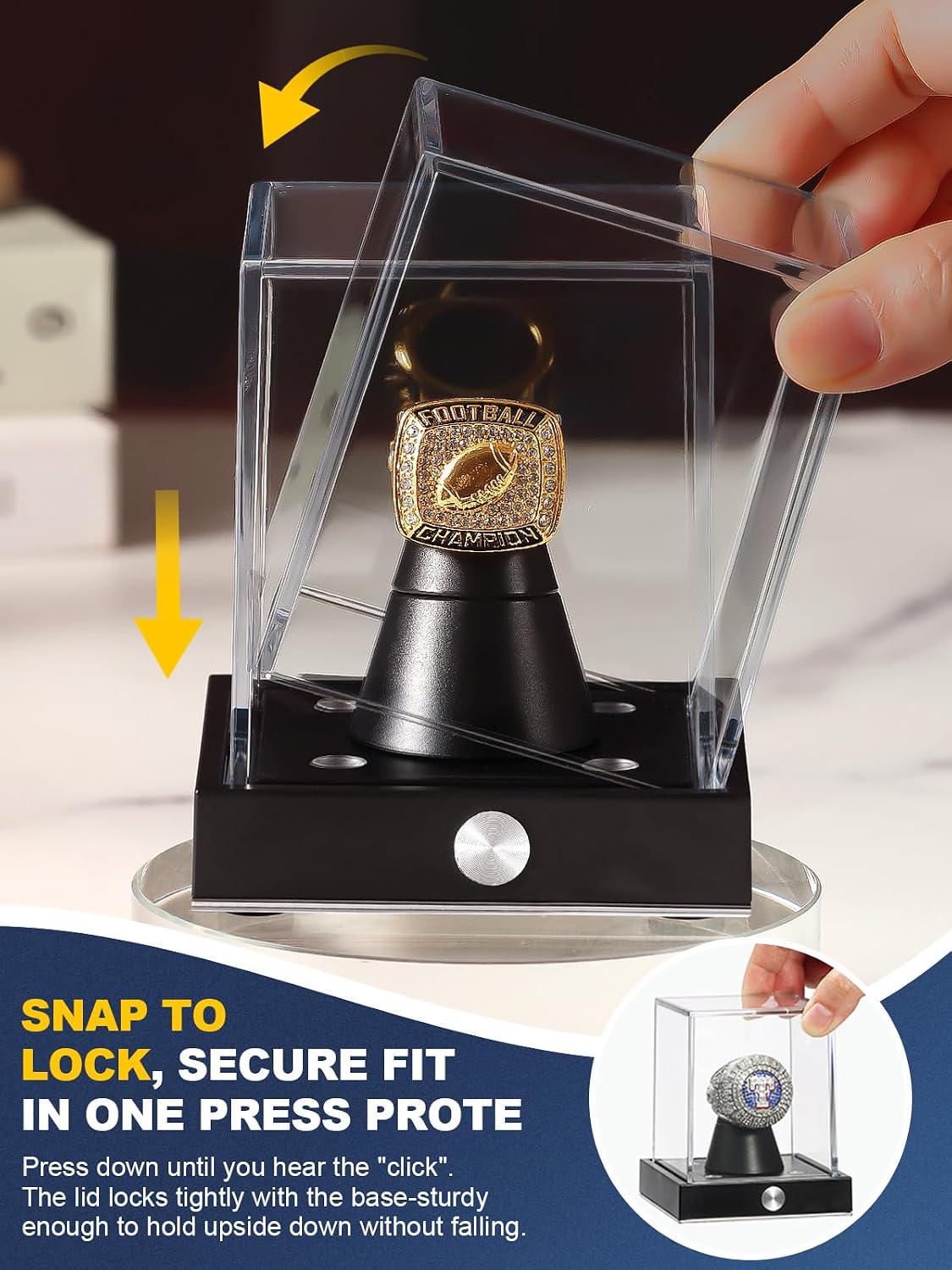 Cordless LED Championship Ring Display Case, Clear Acrylic Single Ring Holder with 10 Color Light up, Autograph Ring