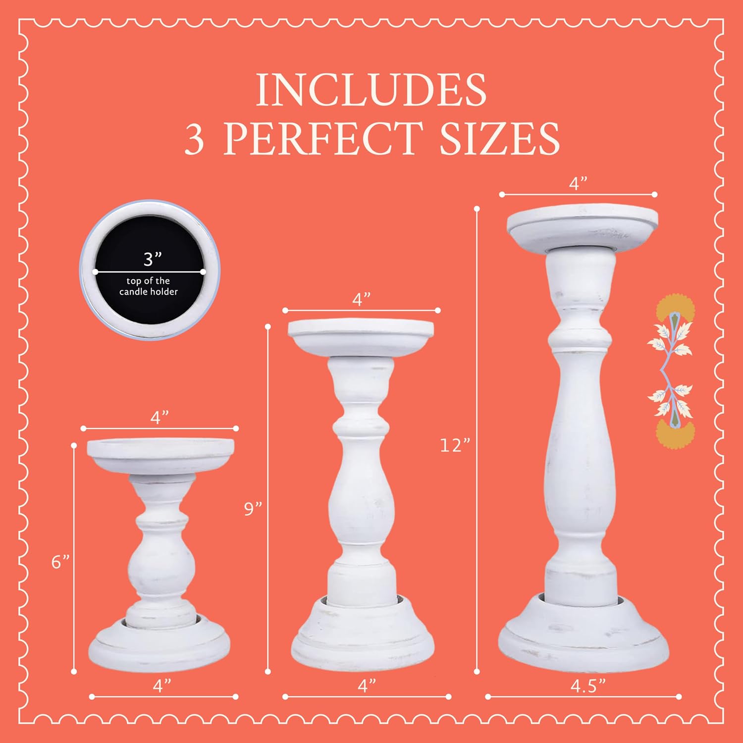 Tuli Mango Wood Candle Holders - Shabby White, Set of 3 | Hand-carved candle holders for table, mantel and living room