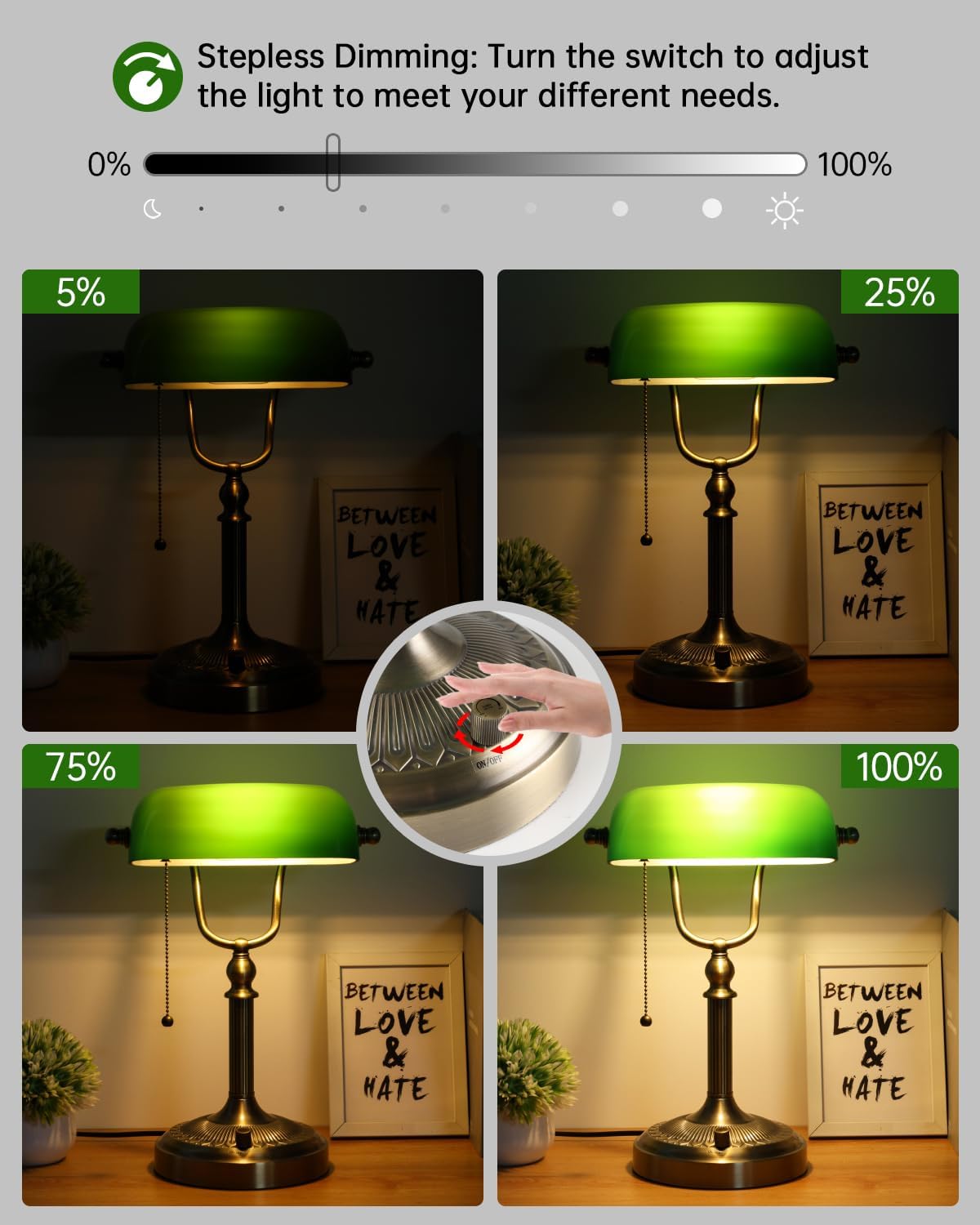 Green Stepless Dimmable Glass Bankers Desk Lamp | Table Lamp Plug in Fixture for Study, Office, LED Bulb Included