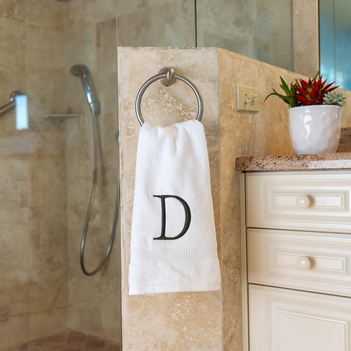 White with Dark Gray Monogrammed Hand Towels for Bathroom Set of 2 Letter D | Luxury Hotel Quality Initial Towels For