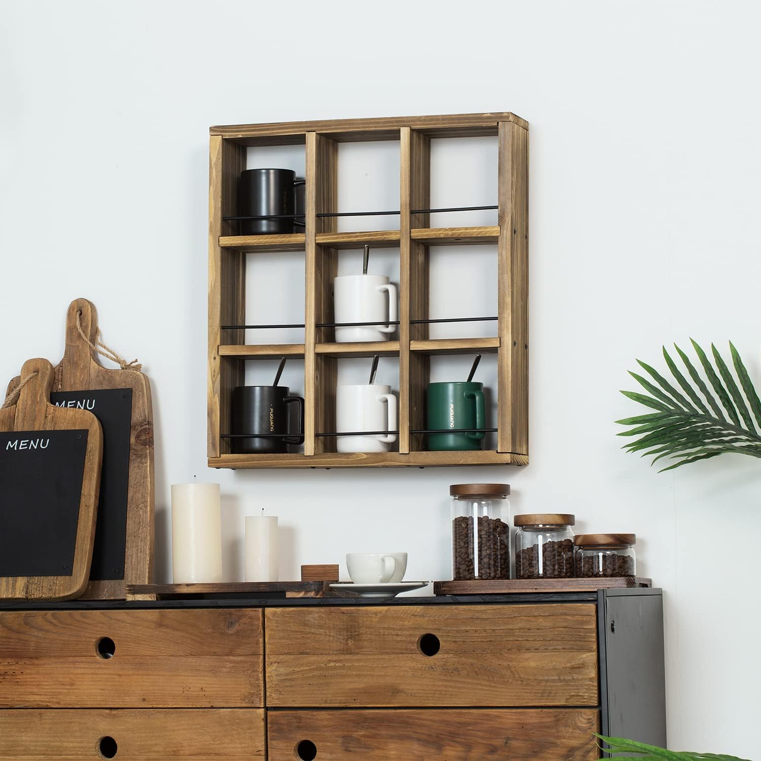 MyGift Wall Mounted Coffee Mug Display Rack – Rustic Burnt Wood Shadow Box Shelf for Collectible Travel Mugs, Cup