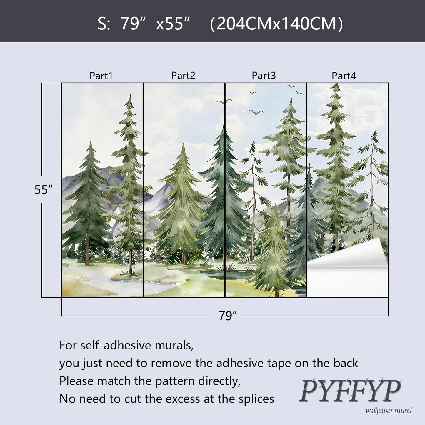 Watercolor Cartoon Forest Pine Tree self-Adhesive Wallpaper murals for Nursery / Zz12 / 79 x 55
