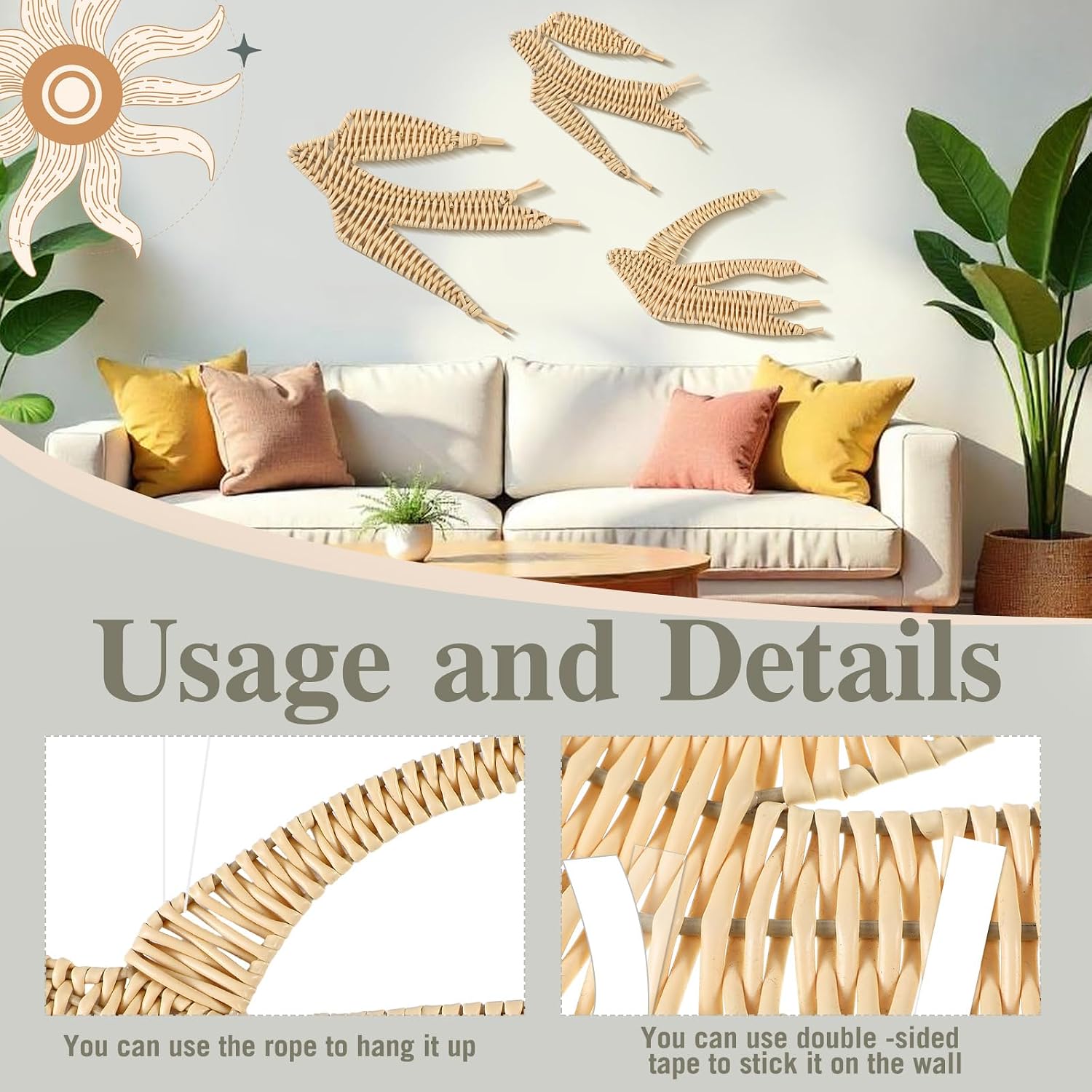 Spring Boho Rattan Wall Decor Set Handmade Wicker Flying Birds / Bird / Set of 3