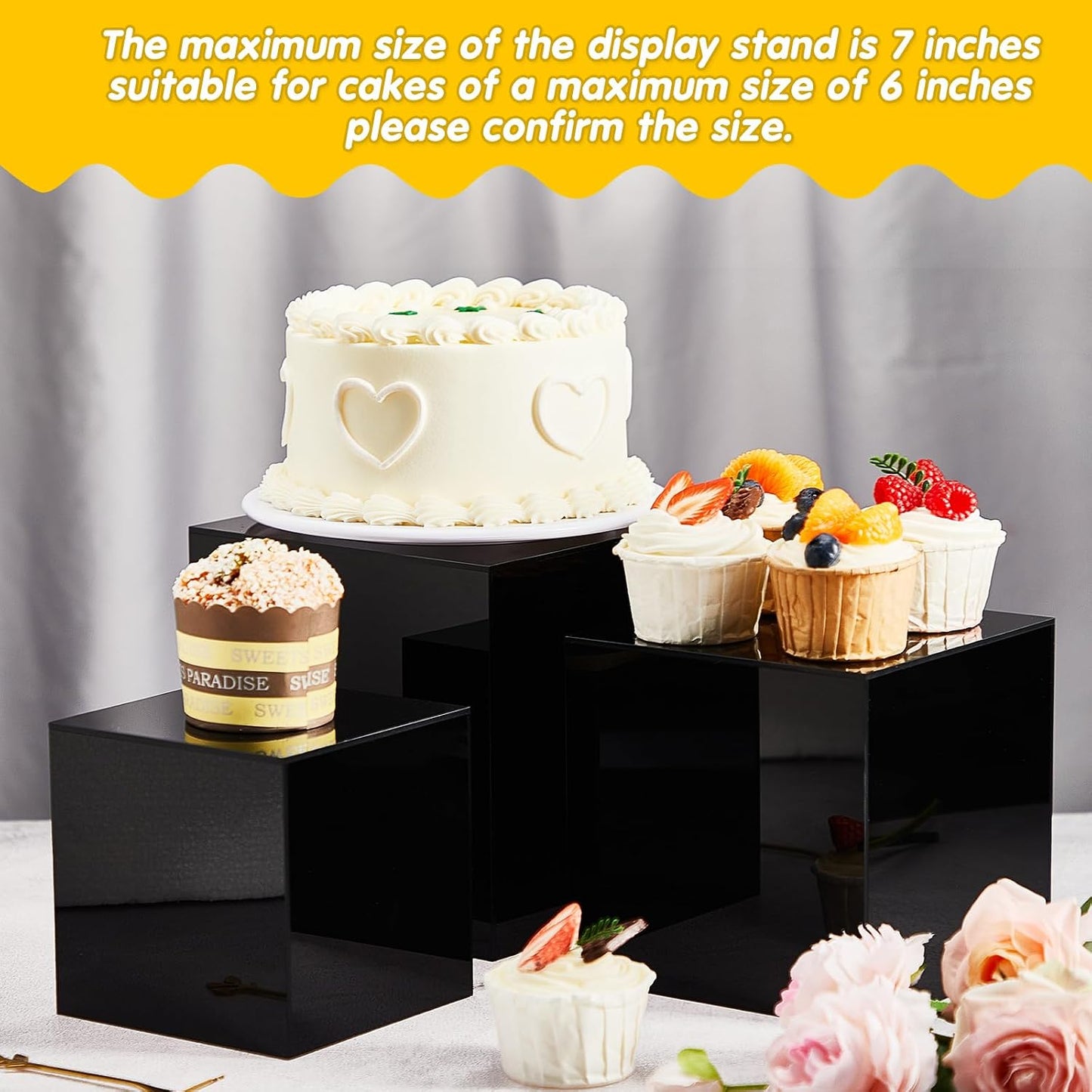 Hollow Bottoms Acrylic Boxes for Display Dessert Table / Black / Small,3,4,5,6,7 Inch / Set of 5