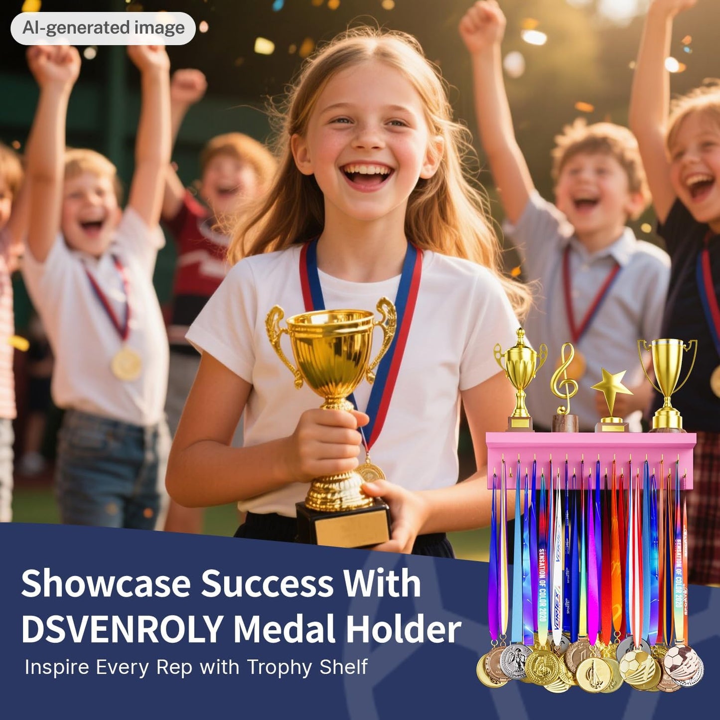 Medal Holder Display Trophy Shelf Organizer, Sturdy Wooden Race Award Hanger Rack with 25 Steel Hooks, Wall Mount