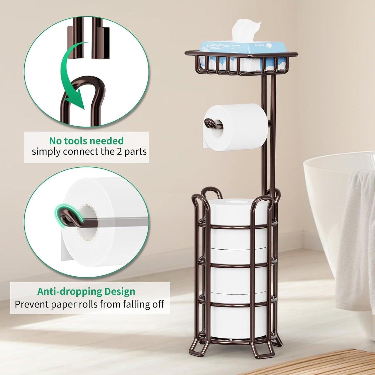 TomCare Toilet Paper Holder Free Standing with Shelf, Stable 4 Raised Feet | Stores 4 Mega Rolls, Tool-Free Assembly