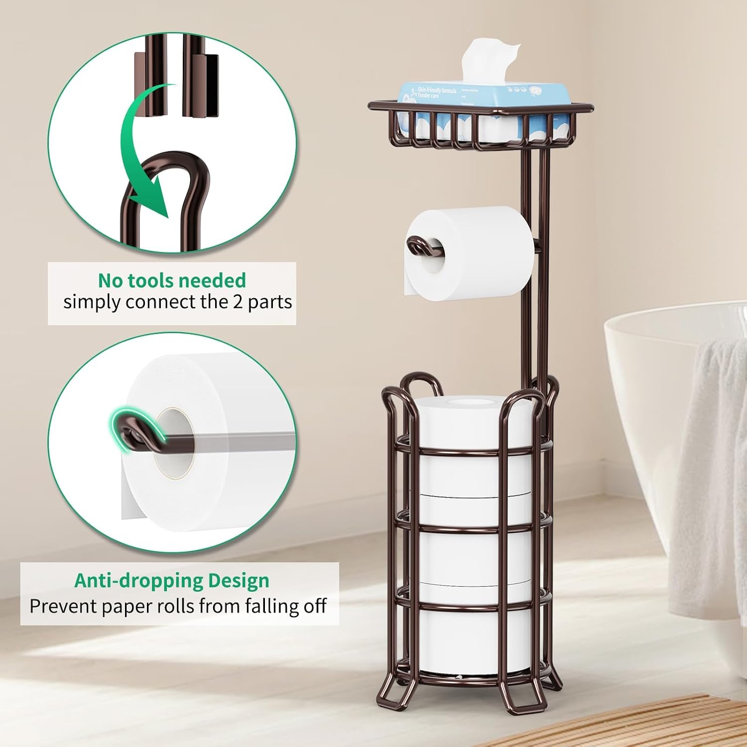 TomCare Toilet Paper Holder Free Standing with Shelf, Stable 4 Raised Feet | Stores 4 Mega Rolls, Tool-Free Assembly