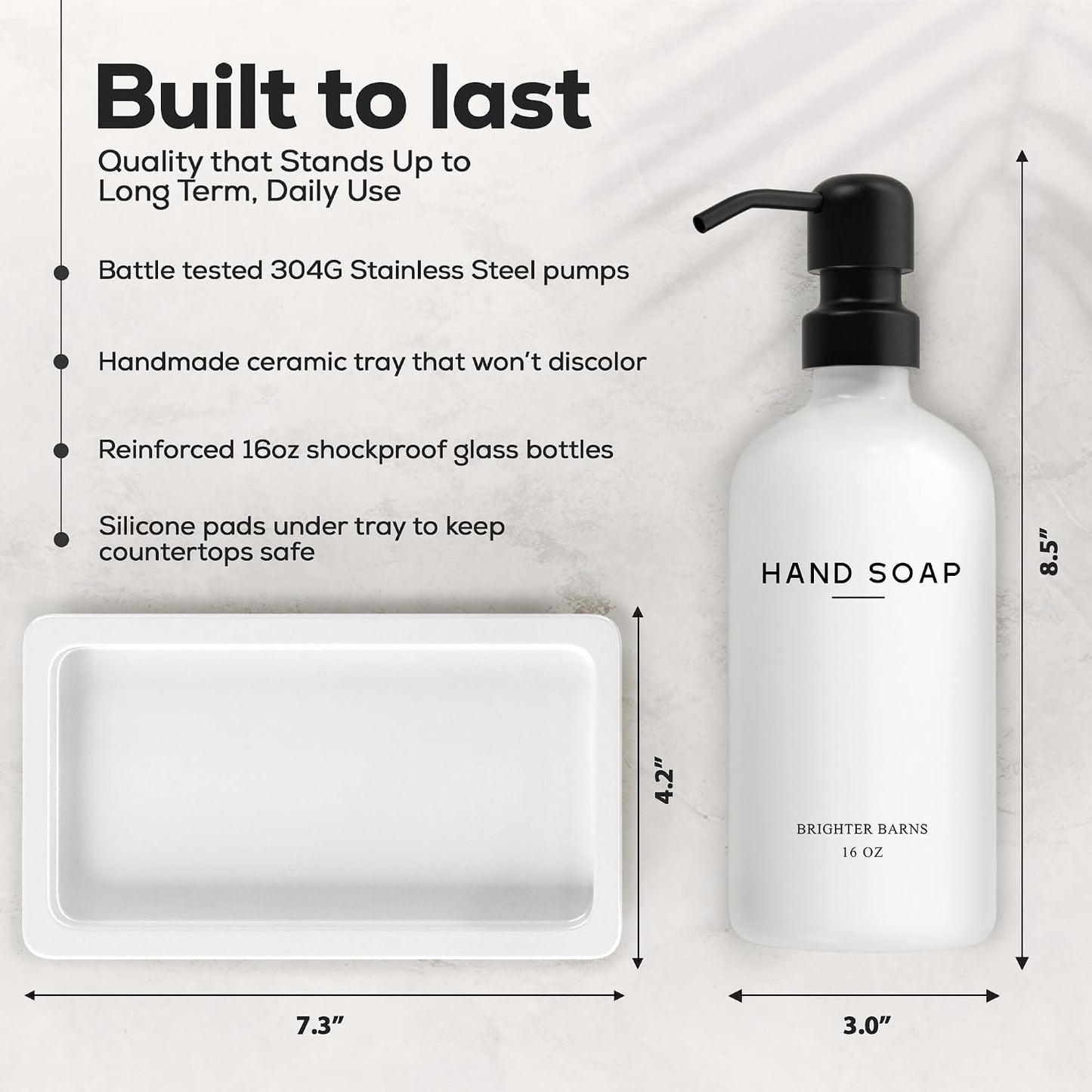 White Glass Soap and Lotion Dispenser Set with Tray by Brighter Barns - Hand Soap Dispenser Bathroom Set & Stainless