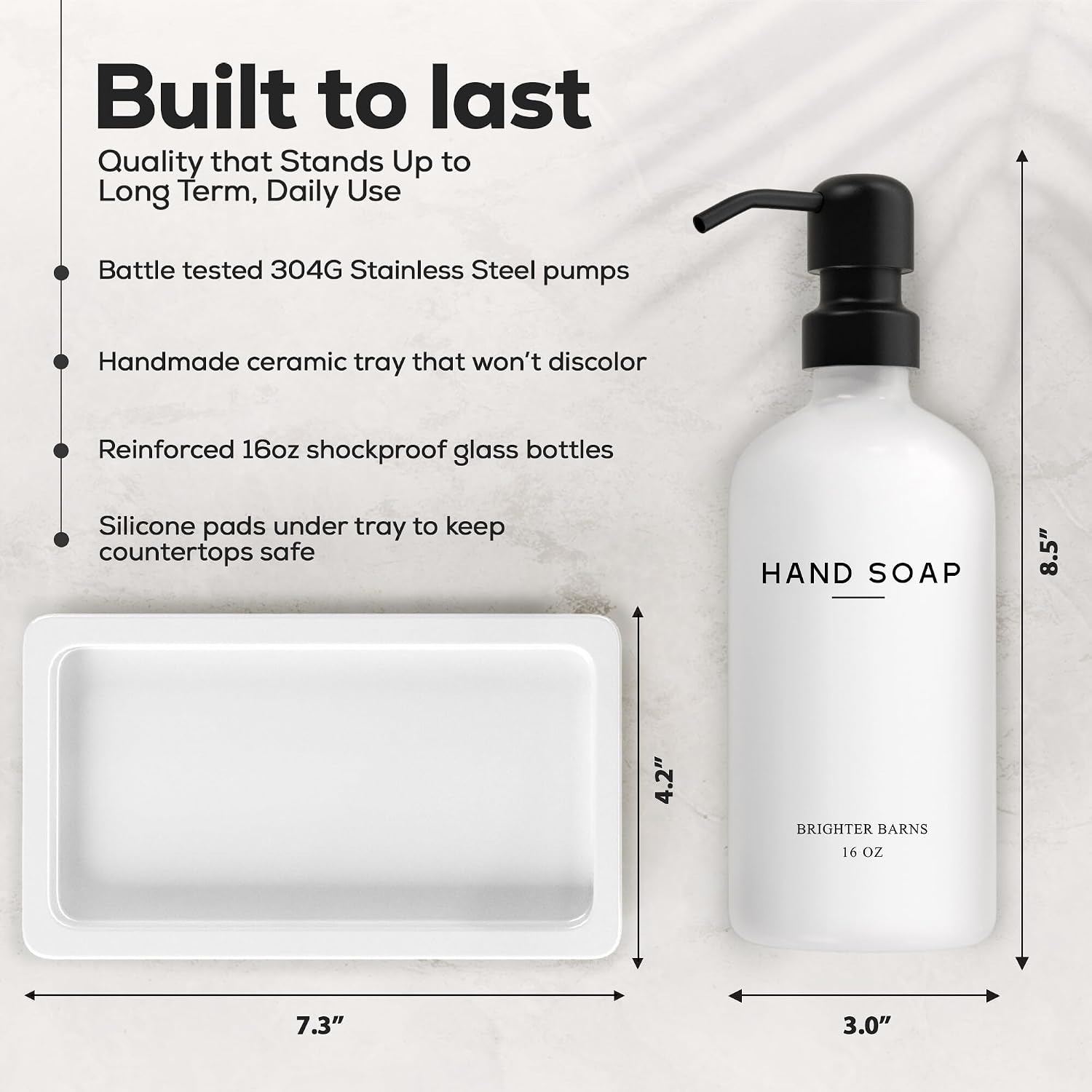 White Glass Soap and Lotion Dispenser Set with Tray by Brighter Barns - Hand Soap Dispenser Bathroom Set & Stainless