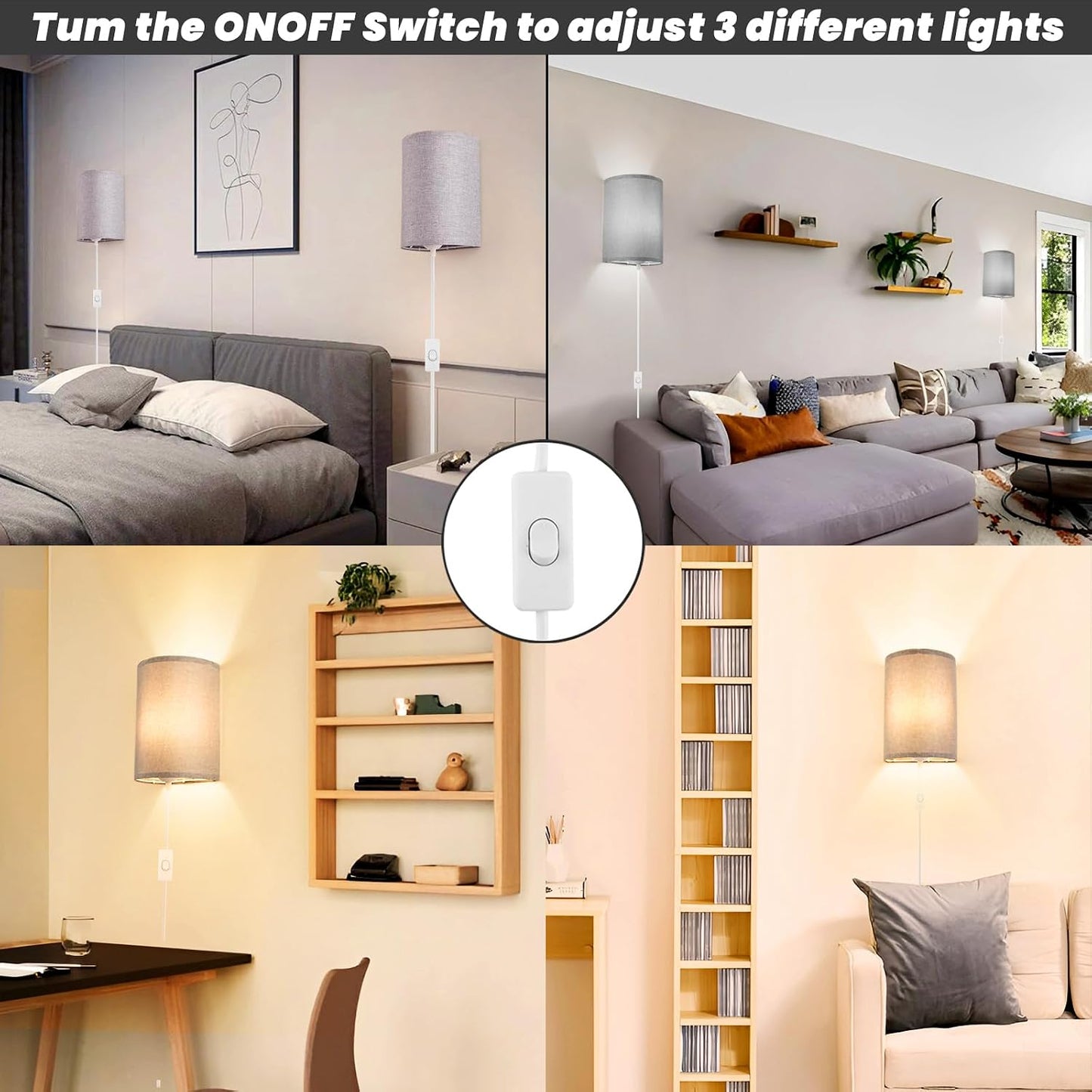 Wall Sconces Set of 2, Plug in Wall Sconces with On/Off Switch, 3-Color Selectable (3000K/4000K/6000K), Fabric Linen