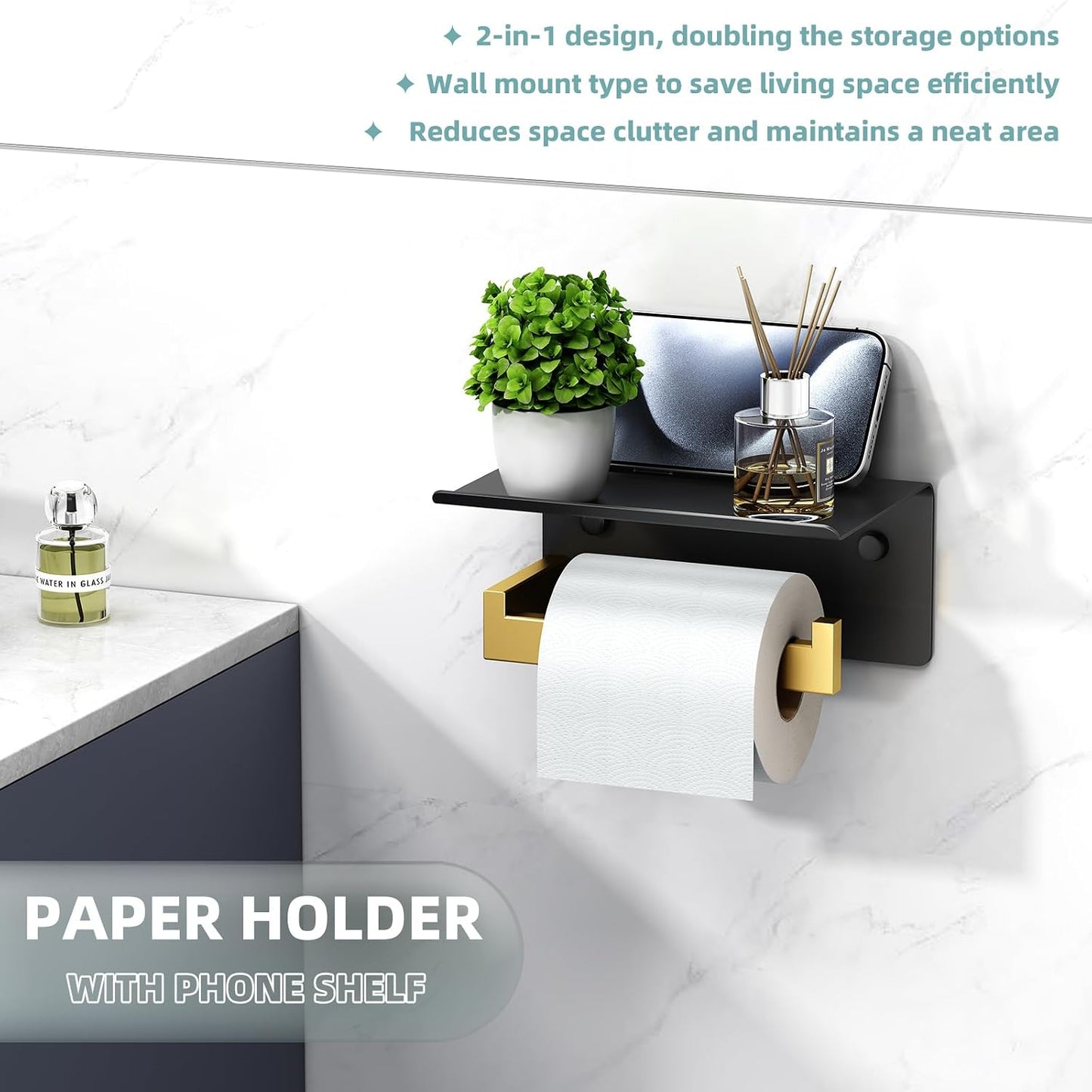 APLusee Black and Gold Toilet Paper Holder with Storage Shelf, Wall Mounted | 304 Stainless Steel Tissue Holder