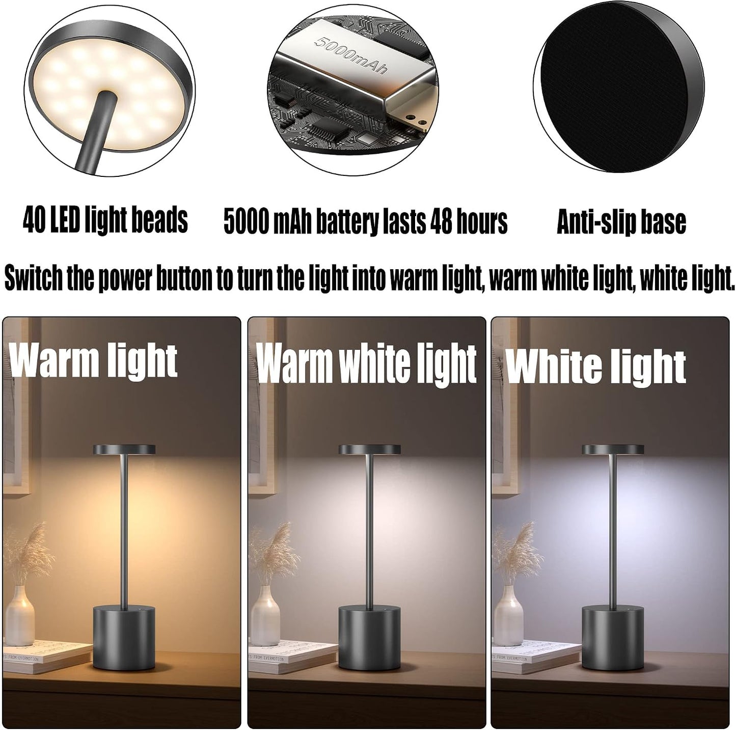 2Pack Cordless Table Lamp, Rechargeable LED Battery 5000mAh Metal USB Portable Powered Desk Lamp, 3 Levels Brightness