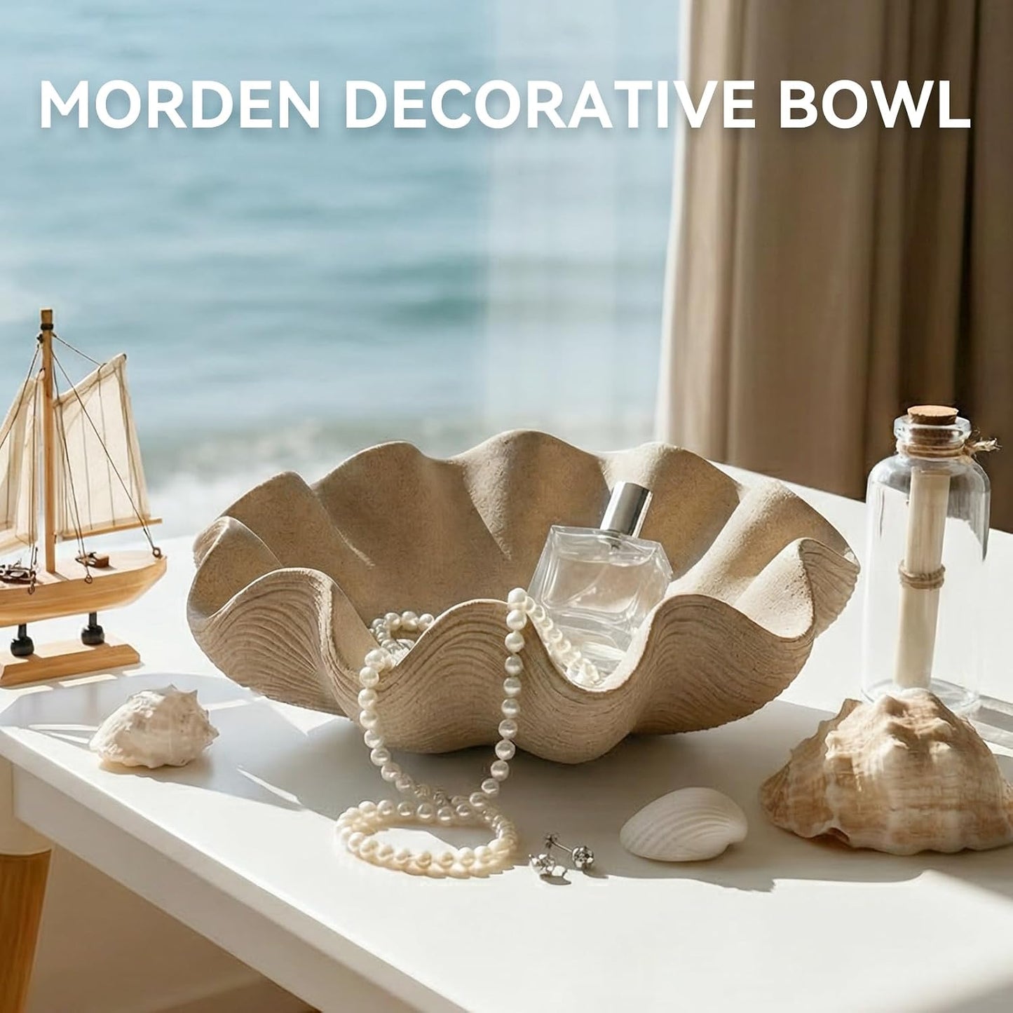 Scalloped Decorative Bowl Home Decor / Artificial Stone Beige