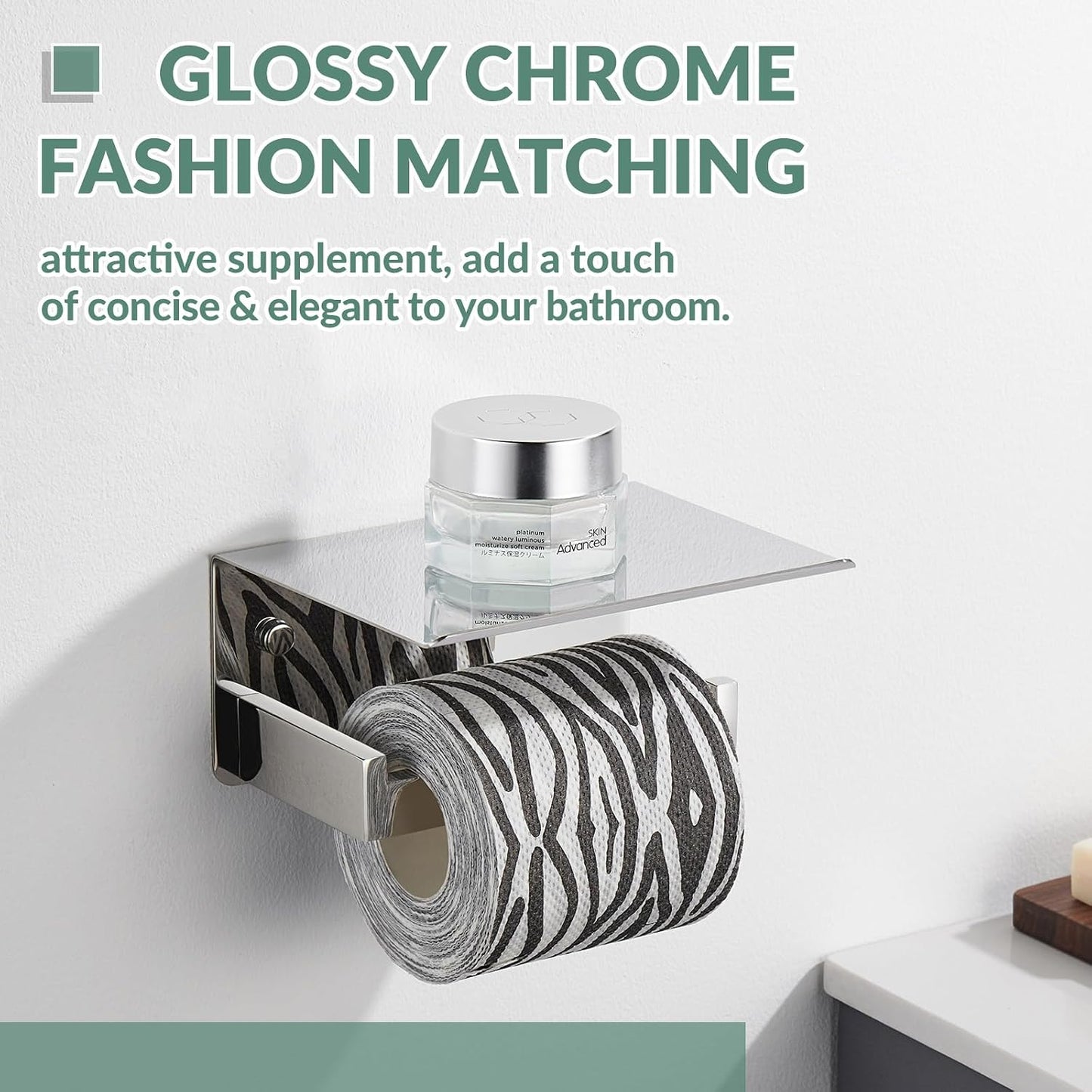 APLusee Polished Chrome Toilet Paper Holder with Phone Shelf, Wall Mounted | 304 Stainless Steel, Rust-resistant Tissue