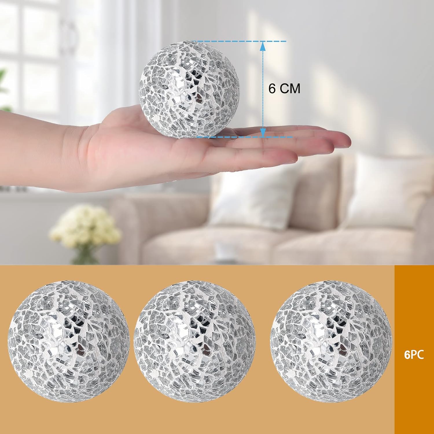 6cm/ Mosaic Glass Orbs Centerpiece Balls for Decorate Tables Wedding / Silver / 2.4 Inch / Set of 6