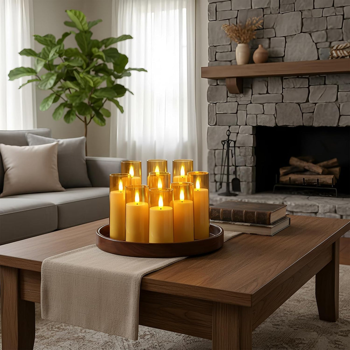 Homemory Amber Flameless LED Pillar Candles, Remote Timer, 9 Pack | Battery operated flickering LED pillar candles