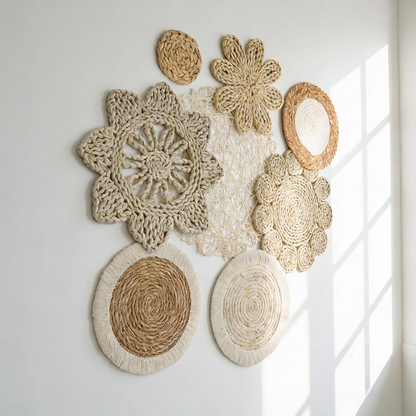 Boho Wall Baskets Decor Round Wall Art Hanging Rustic Rattan Wicker Wall Baskets / Set of 8