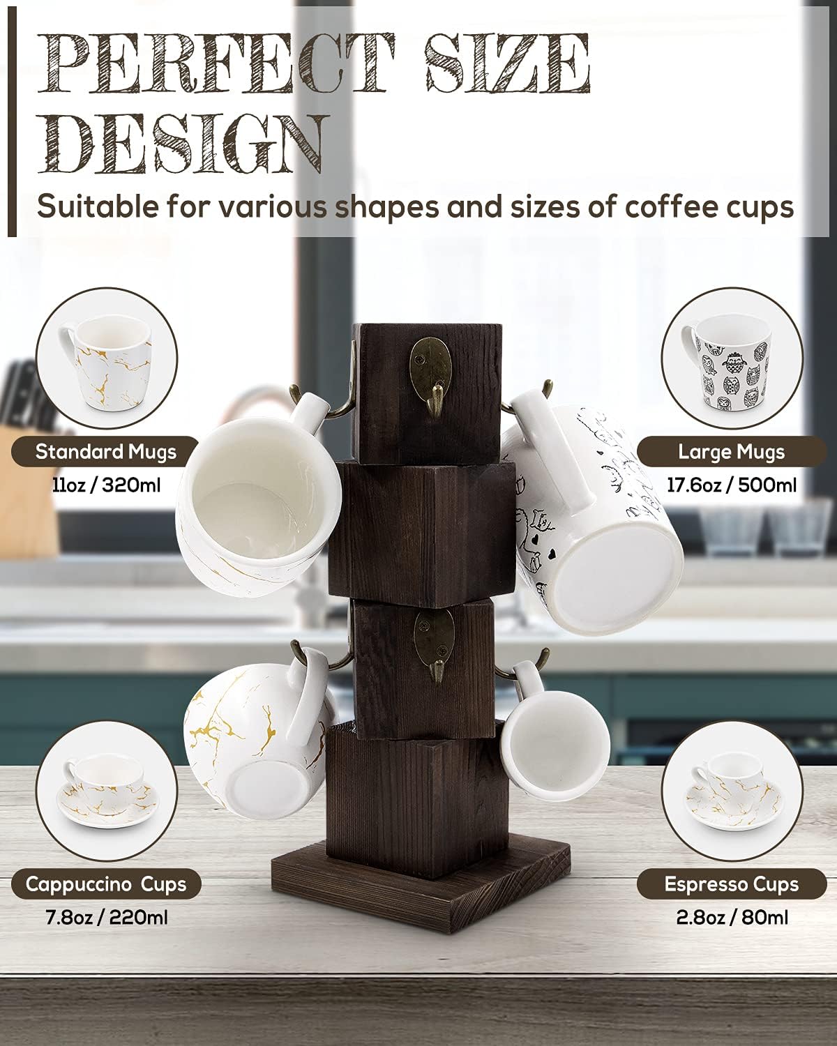 Coffee Mug Holder for Counter, Rustic Solid Wood Mug Tree | Farmhouse Wooden Coffee Cup Rack with 8 Hooks (Rustic Brown)