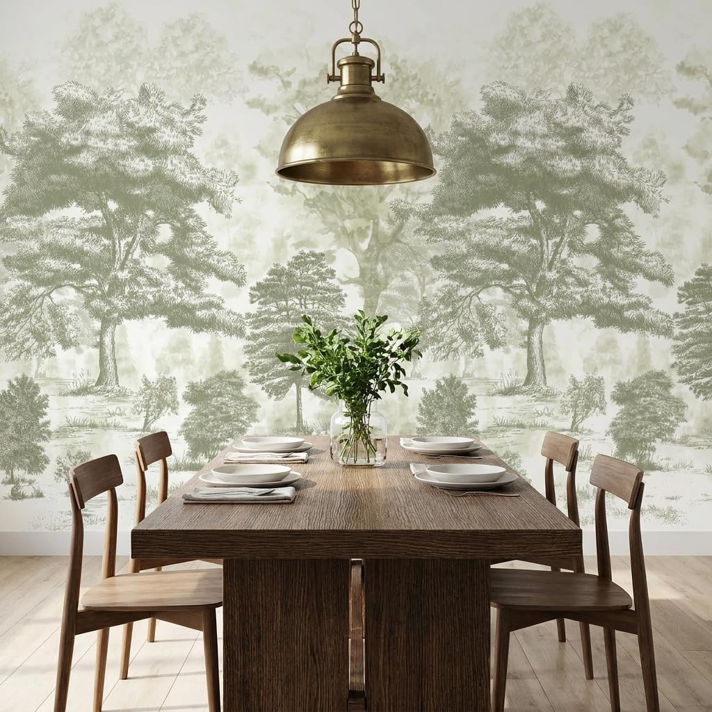 Vintage Forest Wall Murals Peel and Stick 144" W x 100" H Canvas Waterproof / Sage Green / 144 x 100