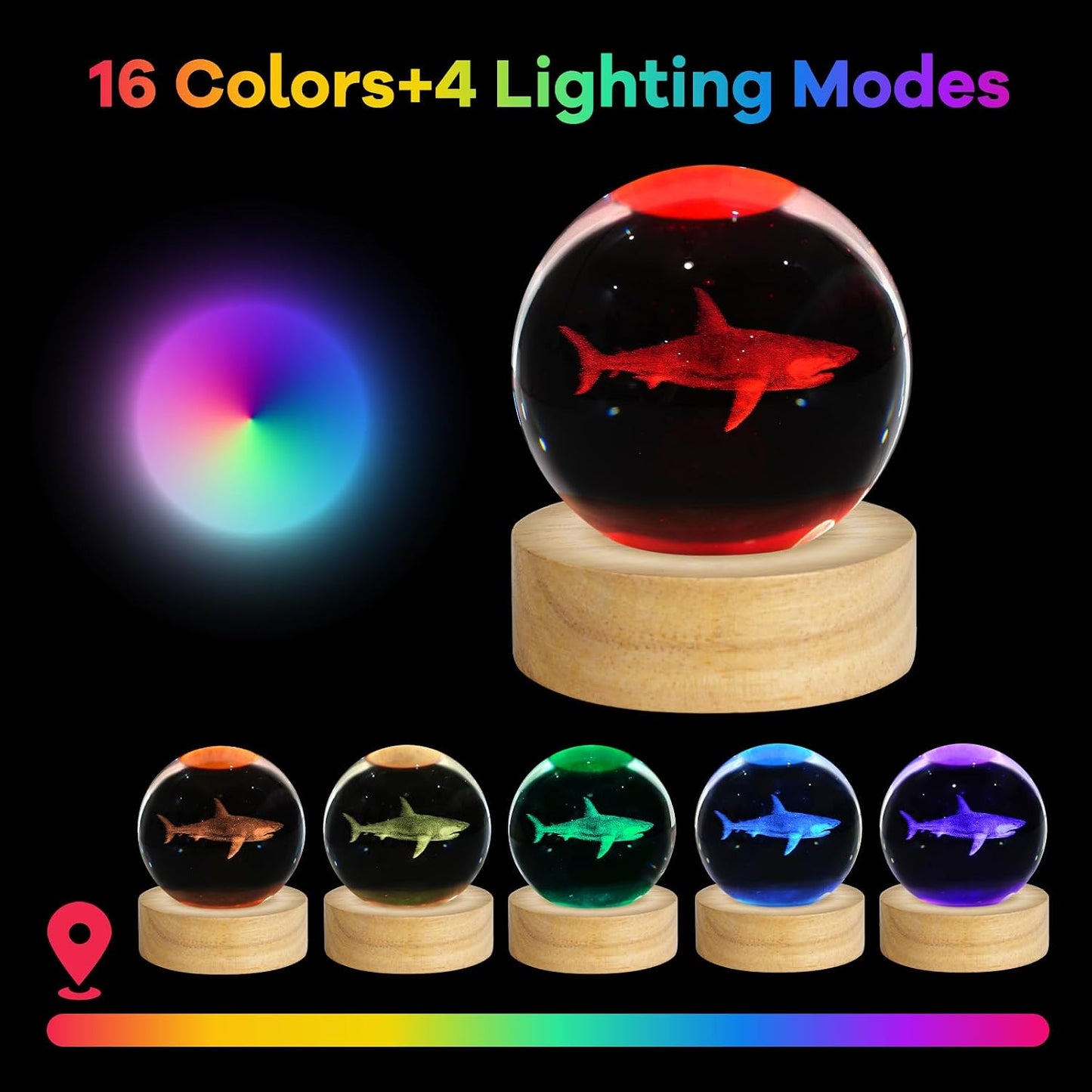 3D Crystal Ball Night Light Figurines Decor Table Lamp / Shark / 2.4 Inch