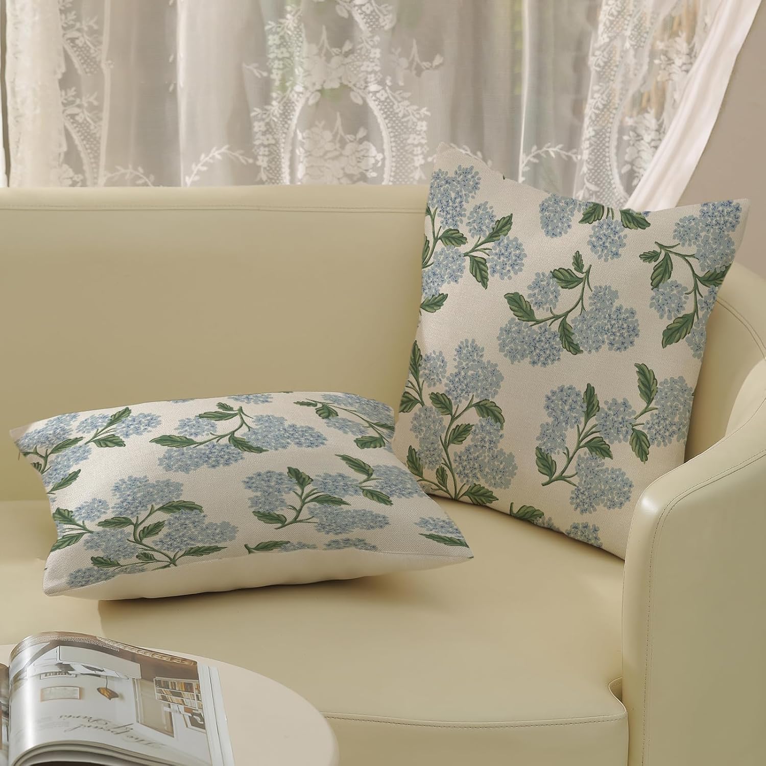 Spring Pillow Covers Green Flower Decor Throw Pillows / 18 x 18 / Hydrangea / Blue / Set of 2