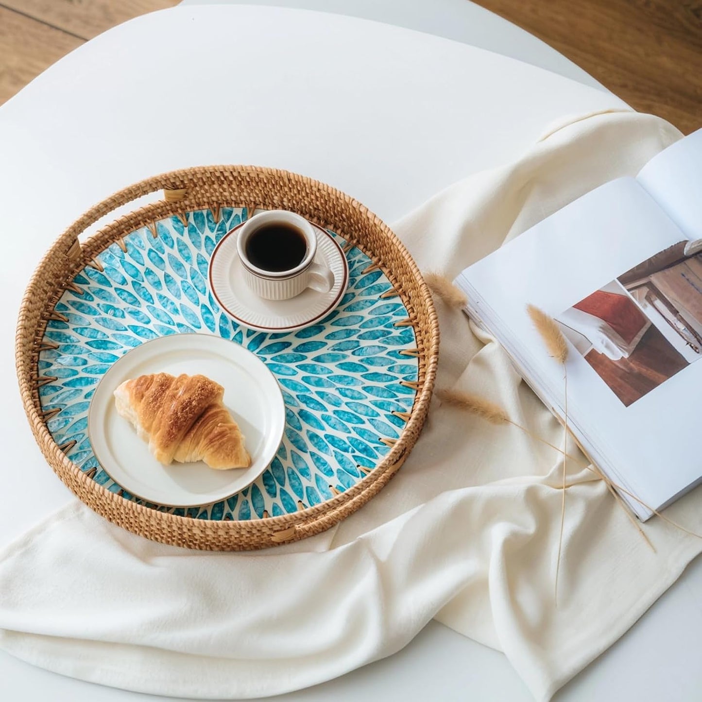 in Round Rattan Serving Tray / Blue / 13.8 Inch