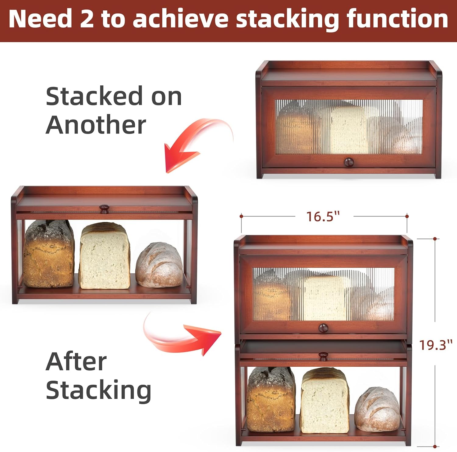 BAMBANG Bamboo Bread Box for Kitchen Countertop, Extra Large Farmhouse Bread Box with 4-Side Clear Panels, Wooden Bread
