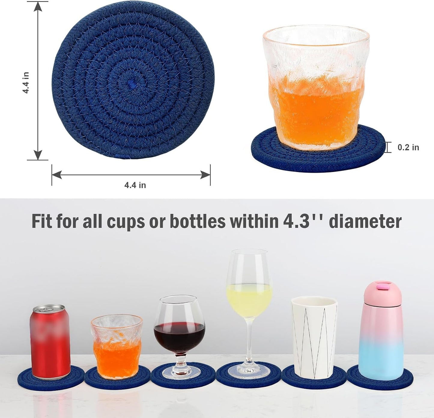Holder / Cotton Woven Absorbent Coasters for Drinks / Navy Blue / Set of 8