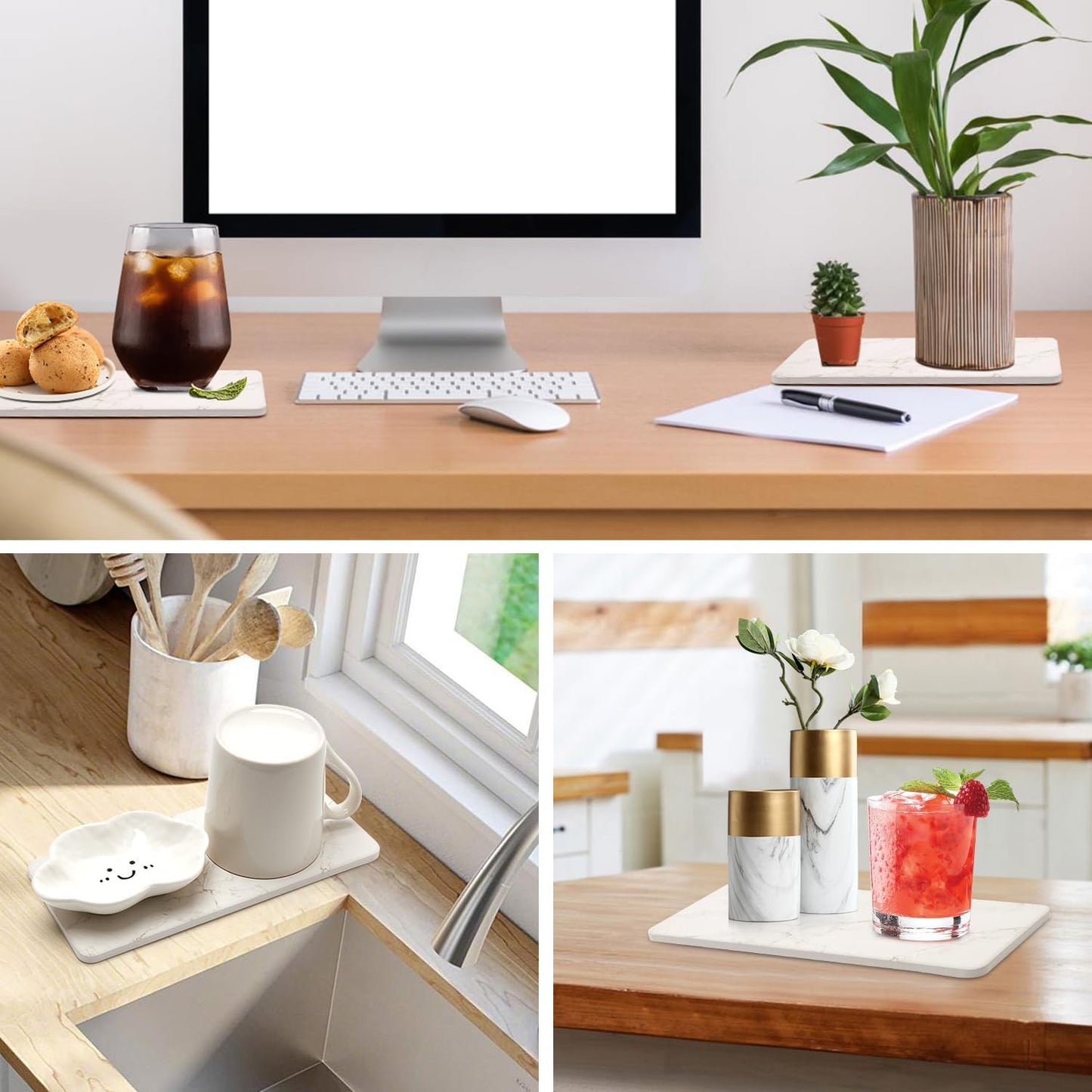 Water Absorbing Stone Drying Trays / White Marble / Set of 2