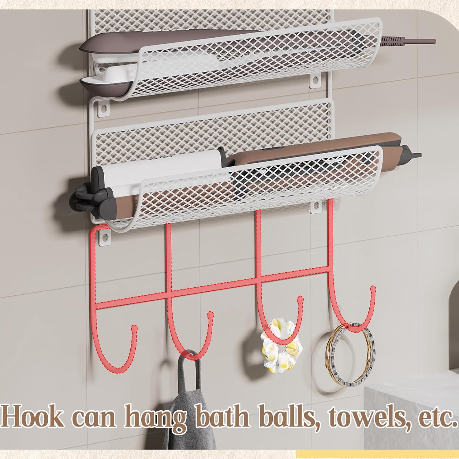 Wall-Mounted Hair Dryer Holder Styling Tool Organizer 4-Shelf Storage Wire Basket with Hook Heat Safe Rack for