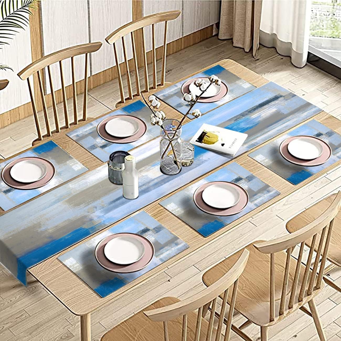 Light Blue Grey Table Runner & Placemats Set, Linen 108" Long | Abstract graffiti art painting design. Washable linen