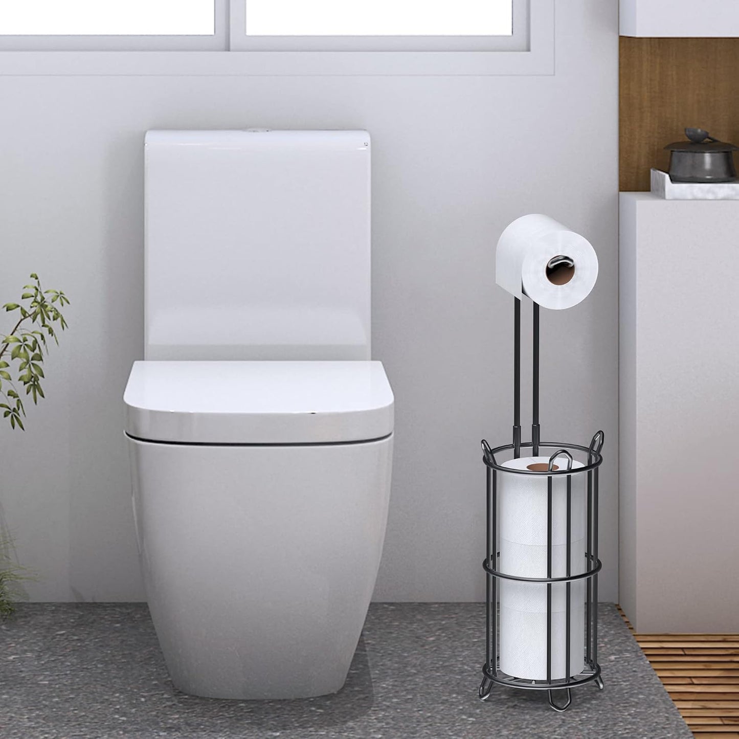 Meangood Toilet Paper Holder Stand and Tissue Paper Roll Dispenser for 4 Mega Rolls, Bathroom Free Standing Tissue Roll
