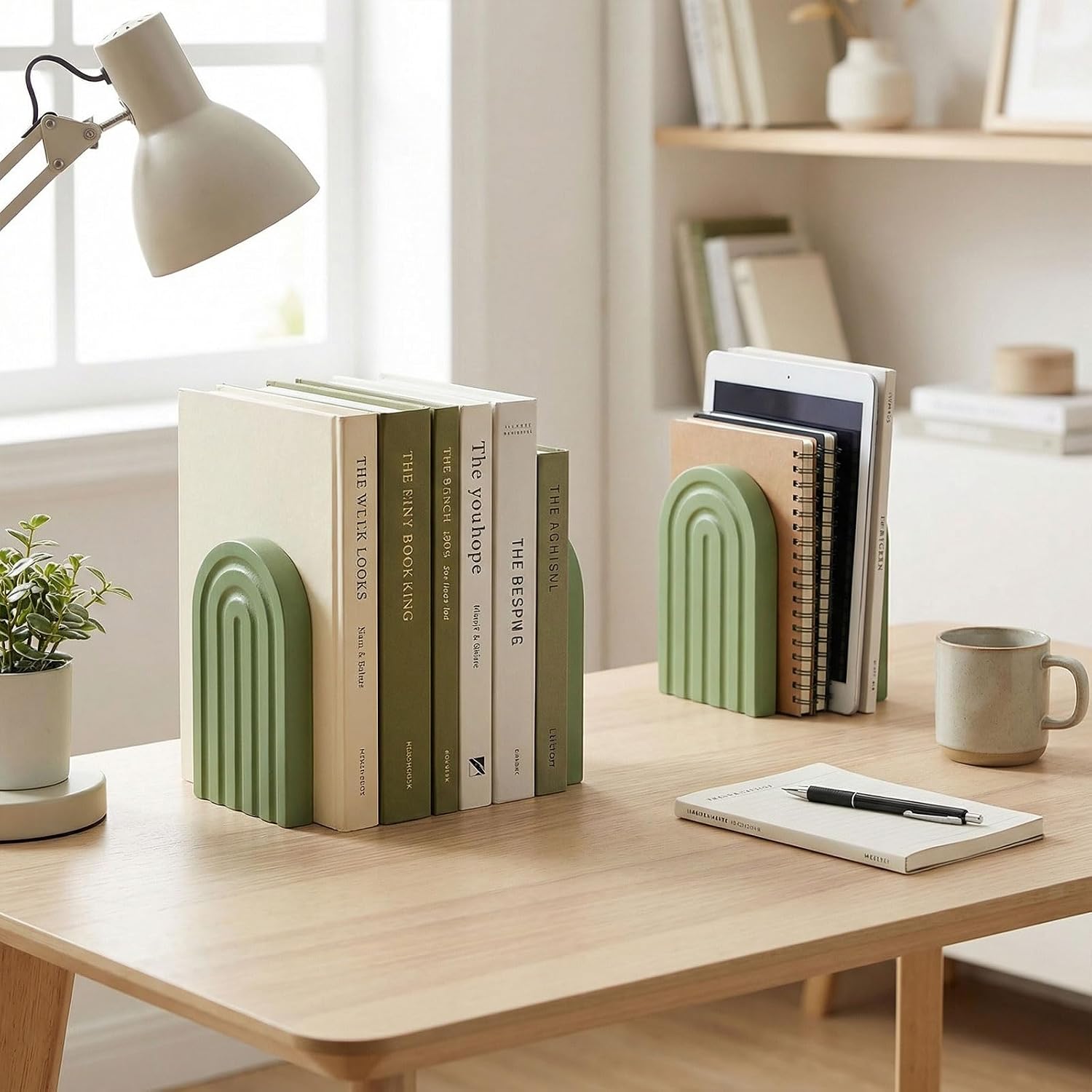 Boho Arch Wood Bookends Sage Rainbow Wooden Book Stands / Green / Set of 4