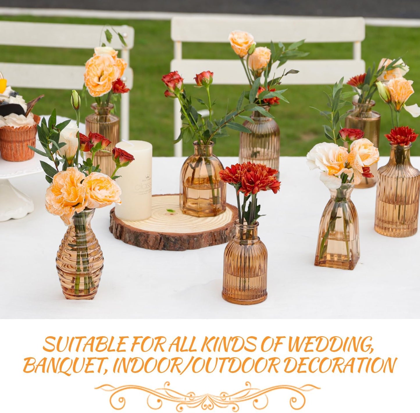 Vase Small Glass Vases for Flowers Modern Ribbed Glass Bud Vase for Decor Flower / Amber / Set of 12