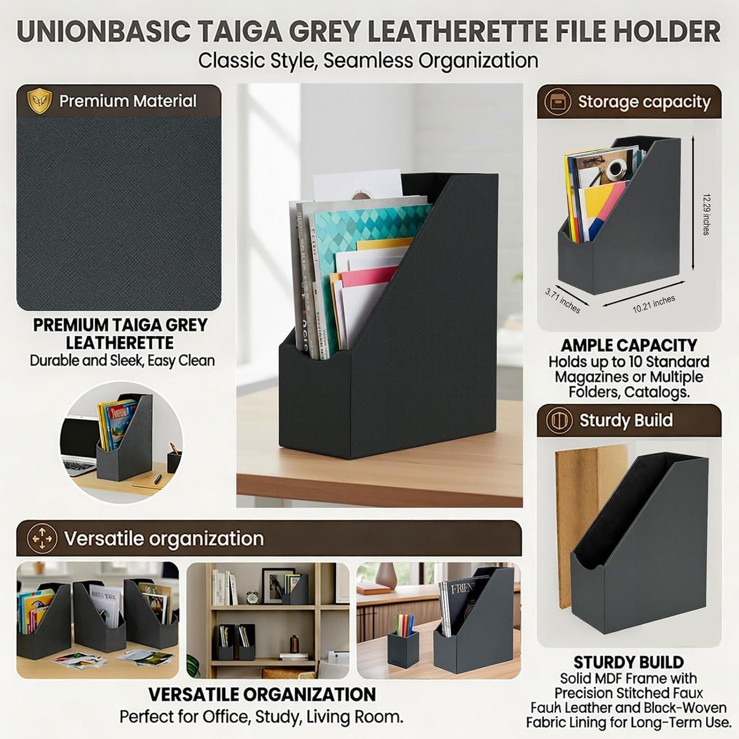 UnionBasic Magazine File Holder, Grey | Leatherette, Desktop Document Organizer, Home Office Paper Holder, File Storage