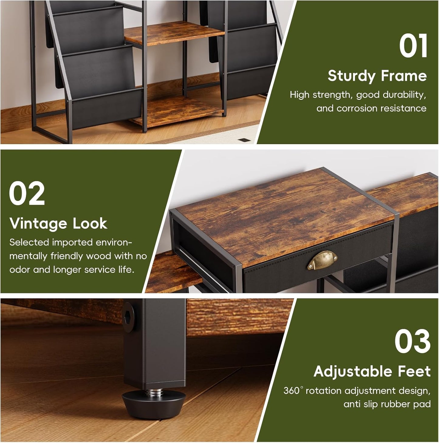 Record Player Stand with Vinyl Storage – Record Table with Holder,6-Bin Vinyl Storage Rack & Drawer, Dual Side Display