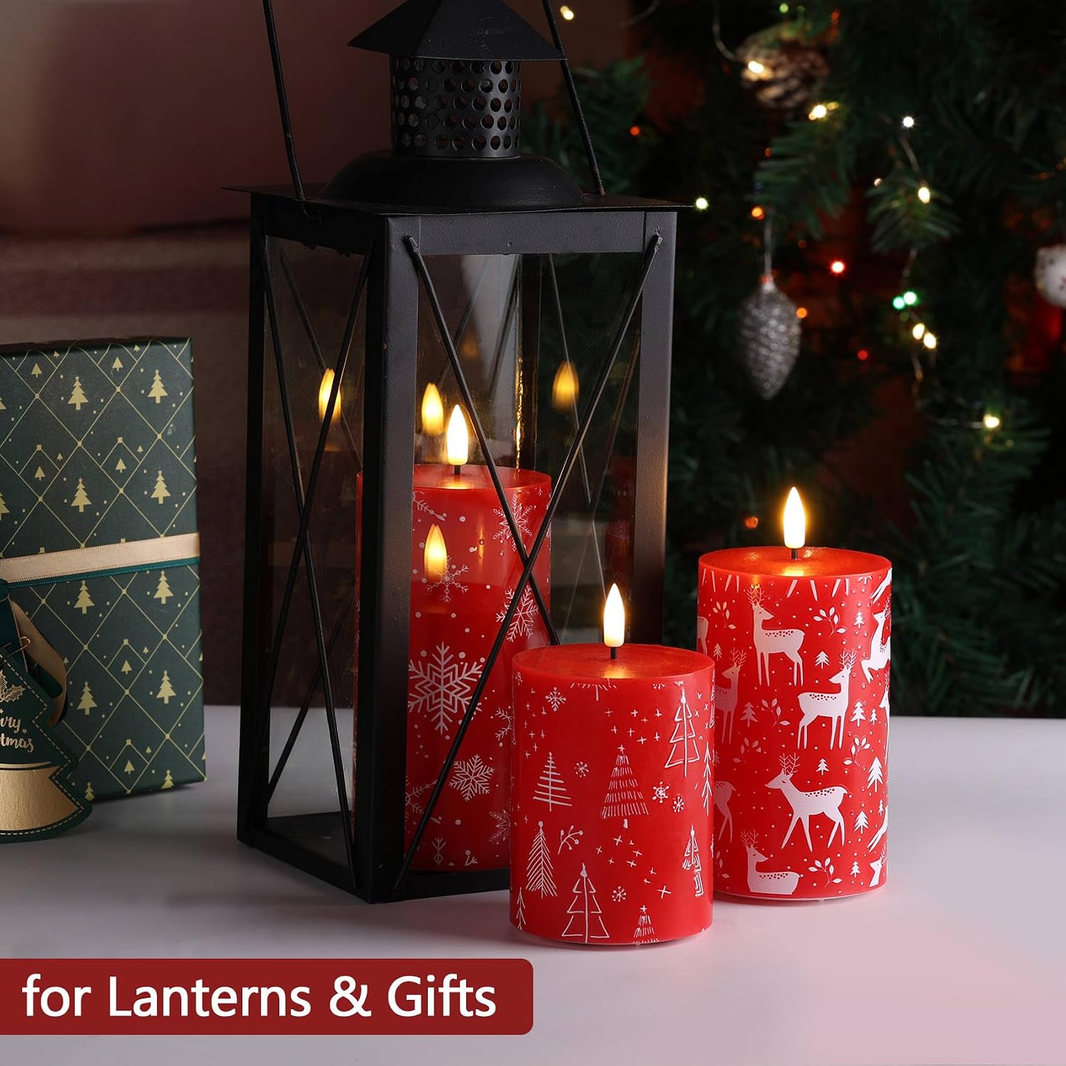 Red Deer Snowflakes Christmas Tree LED Pillar Candles with Remote Set of 3 | Flickering Flameless Wax Candles, Flat