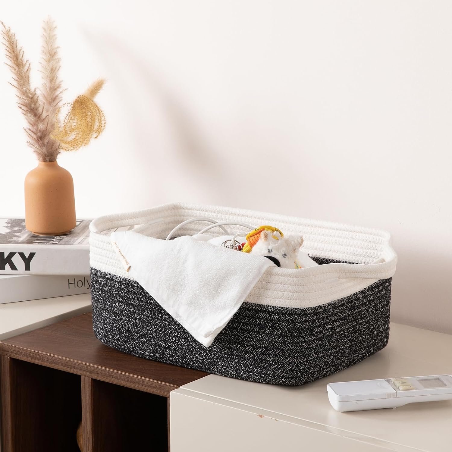 Woven Cotton Rope Basket / Black Variegated / 13.8''x9.8''x5.5 / Set of 3