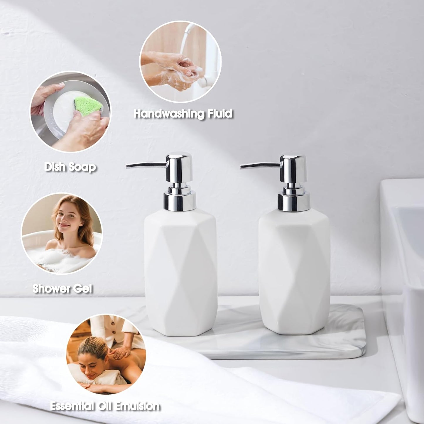 Soap Dispenser, 13.5oz Ceramic Soap Dispenser Bathroom for Kitchen & Bathroom Set of 2 (White, 2 Pack)