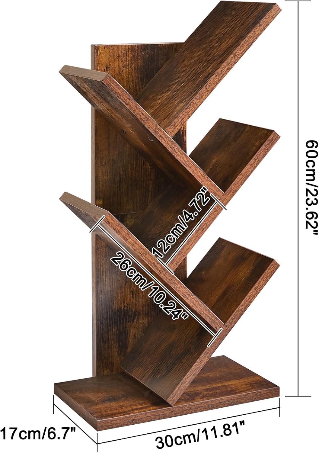YMYNY Tree Bookshelf, 4-Tier Book Storage Organizer Shelves,Rustic Brown, HBC014H