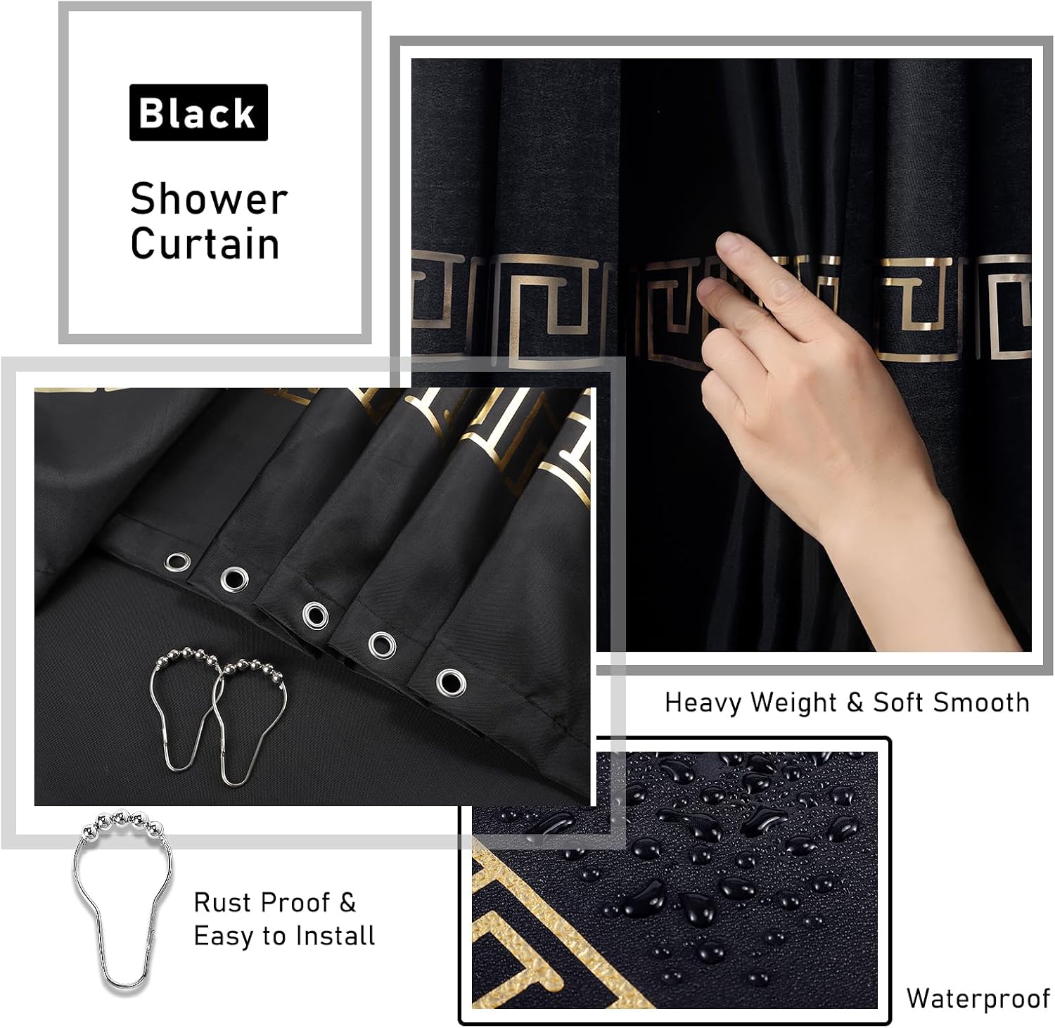 XLHOMO Bathroom Sets with Shower Curtain and Rugs Black Bathroom Accessories Bathroom Set,Soap Dispenser & Toilet Brush