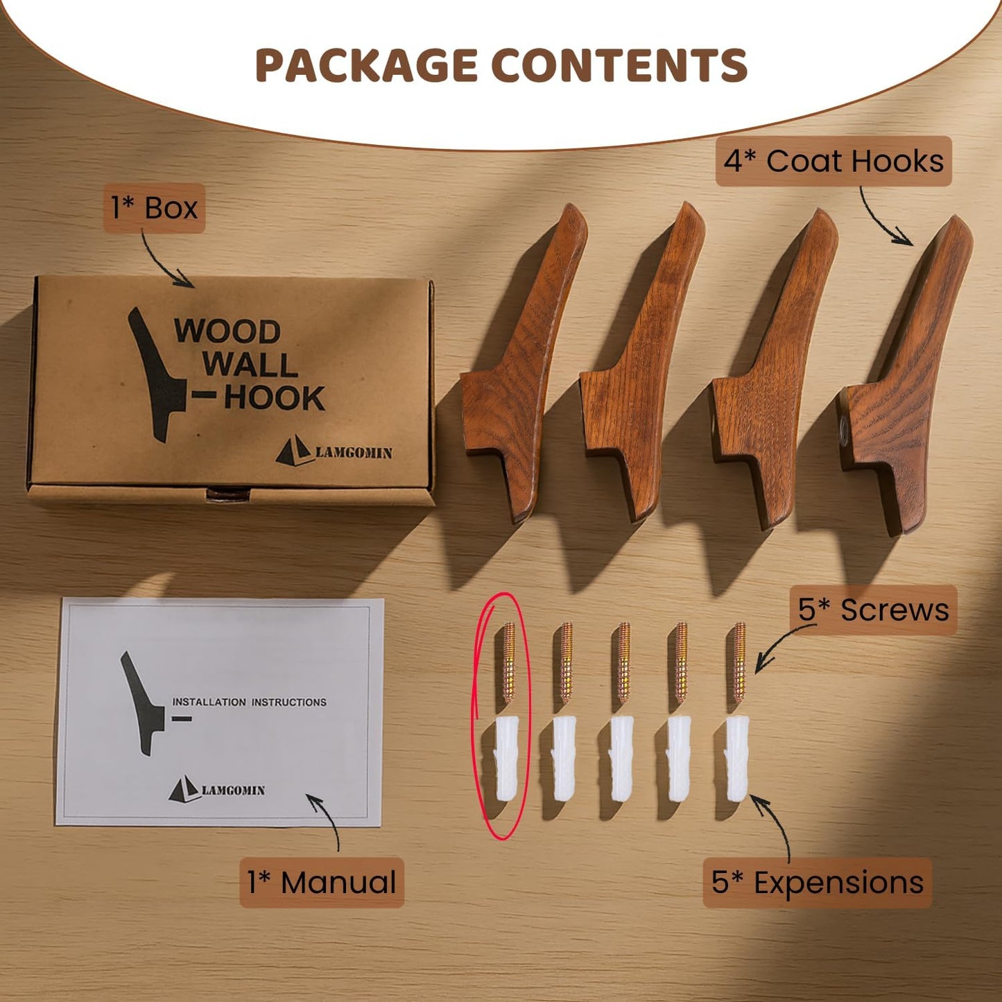 Wood Wall Hooks / Brown V2 / Set of 4