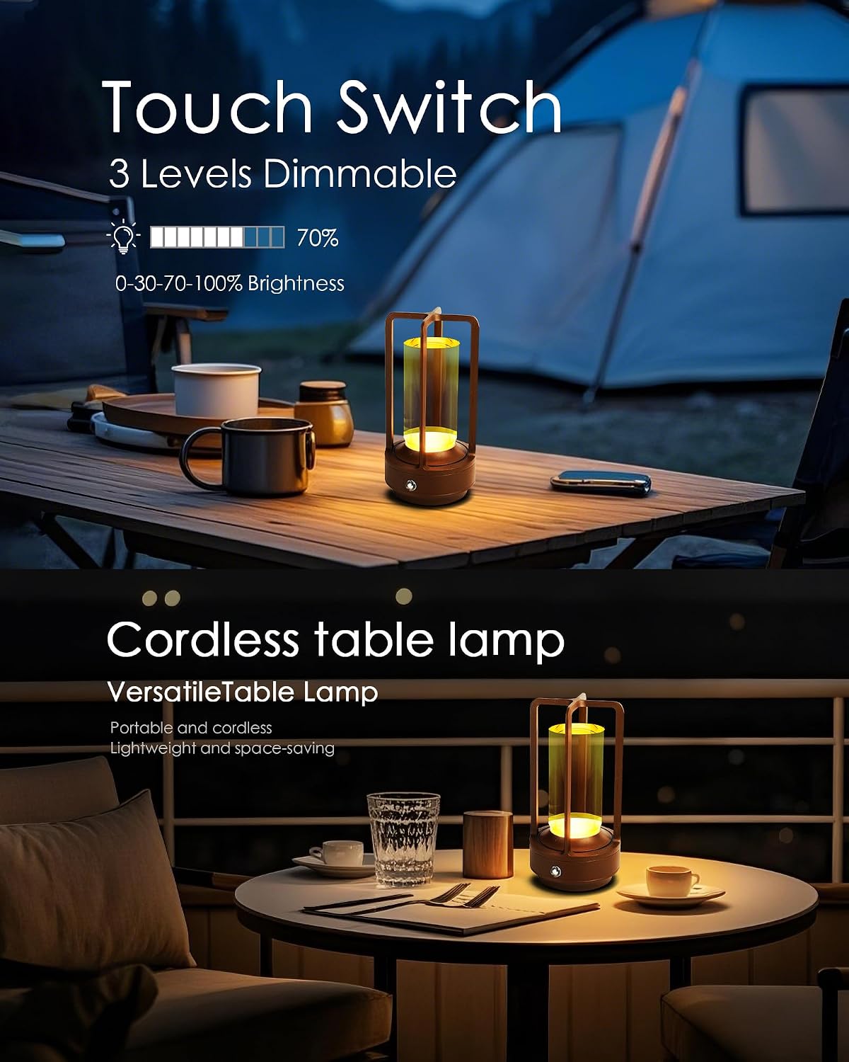 Set of 2 Cordless Table Lamps Rechargeable Desk Lamps Brown | Battery Operated Table Light with 3 Color Stepless