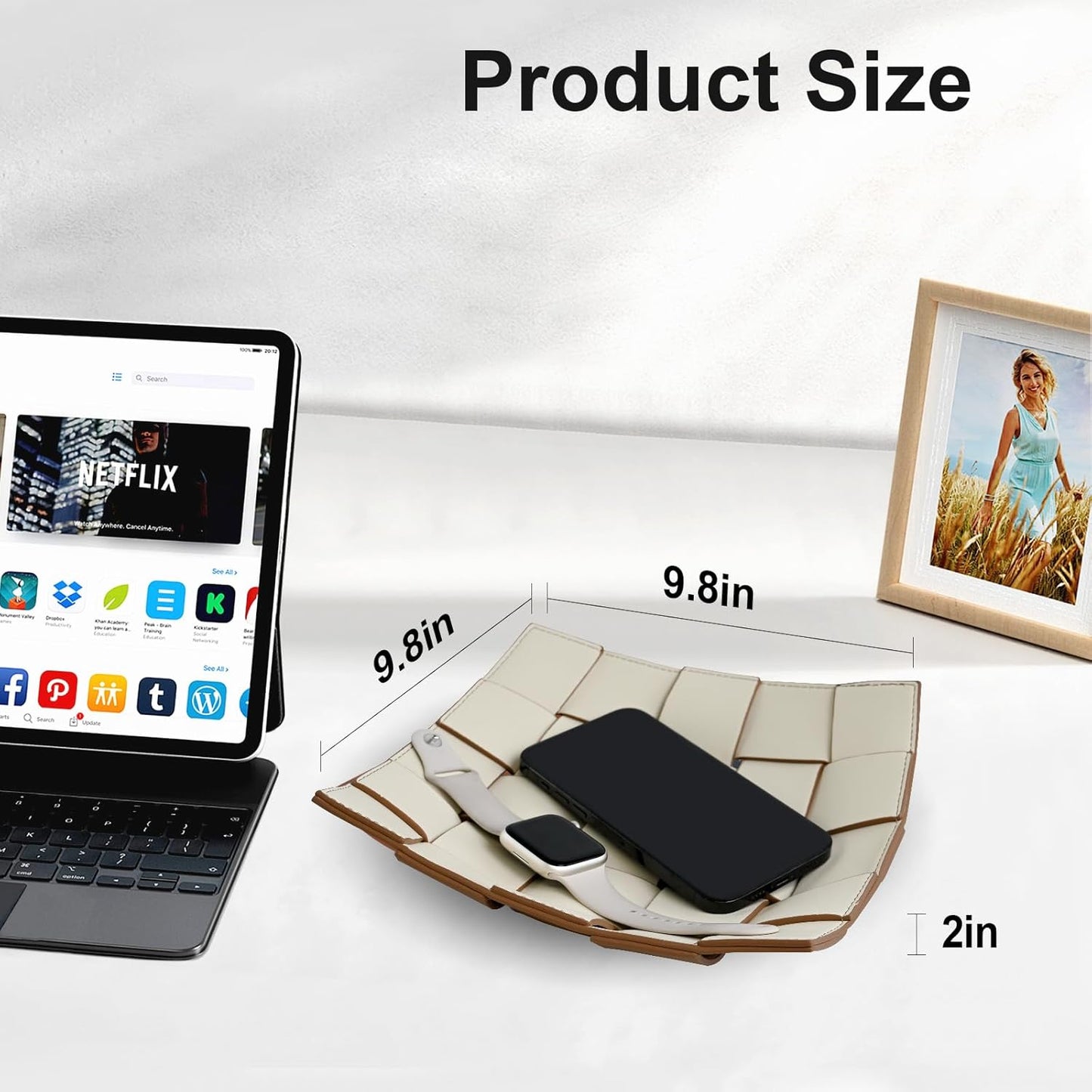 Valet Tray PU Leather Key Bowl for Men Women Entryway Table Nightstand Catchall EDC / Coffee + White