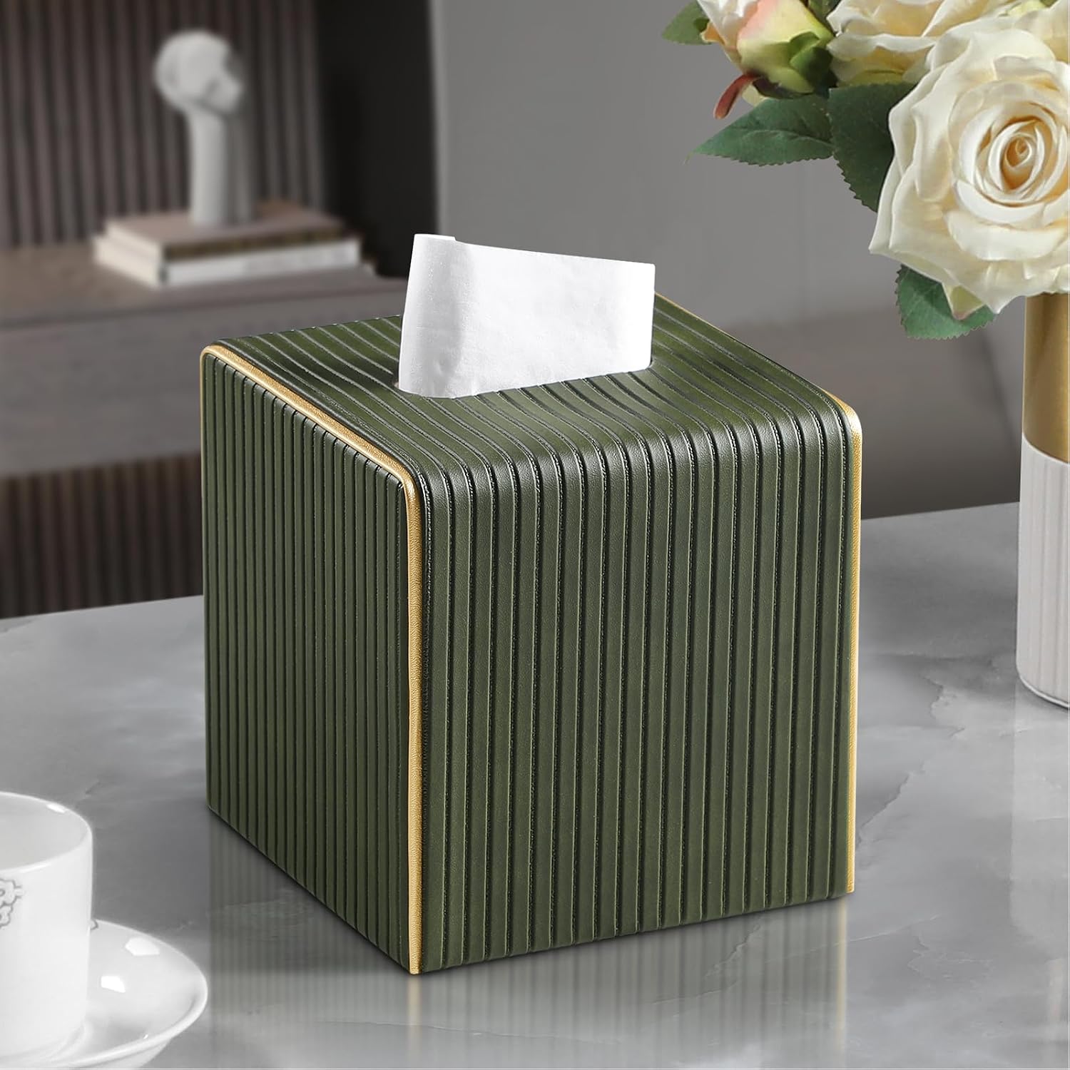 PU Leather Tissue Box Cover Square Tissue Box Holder / Green Fluted