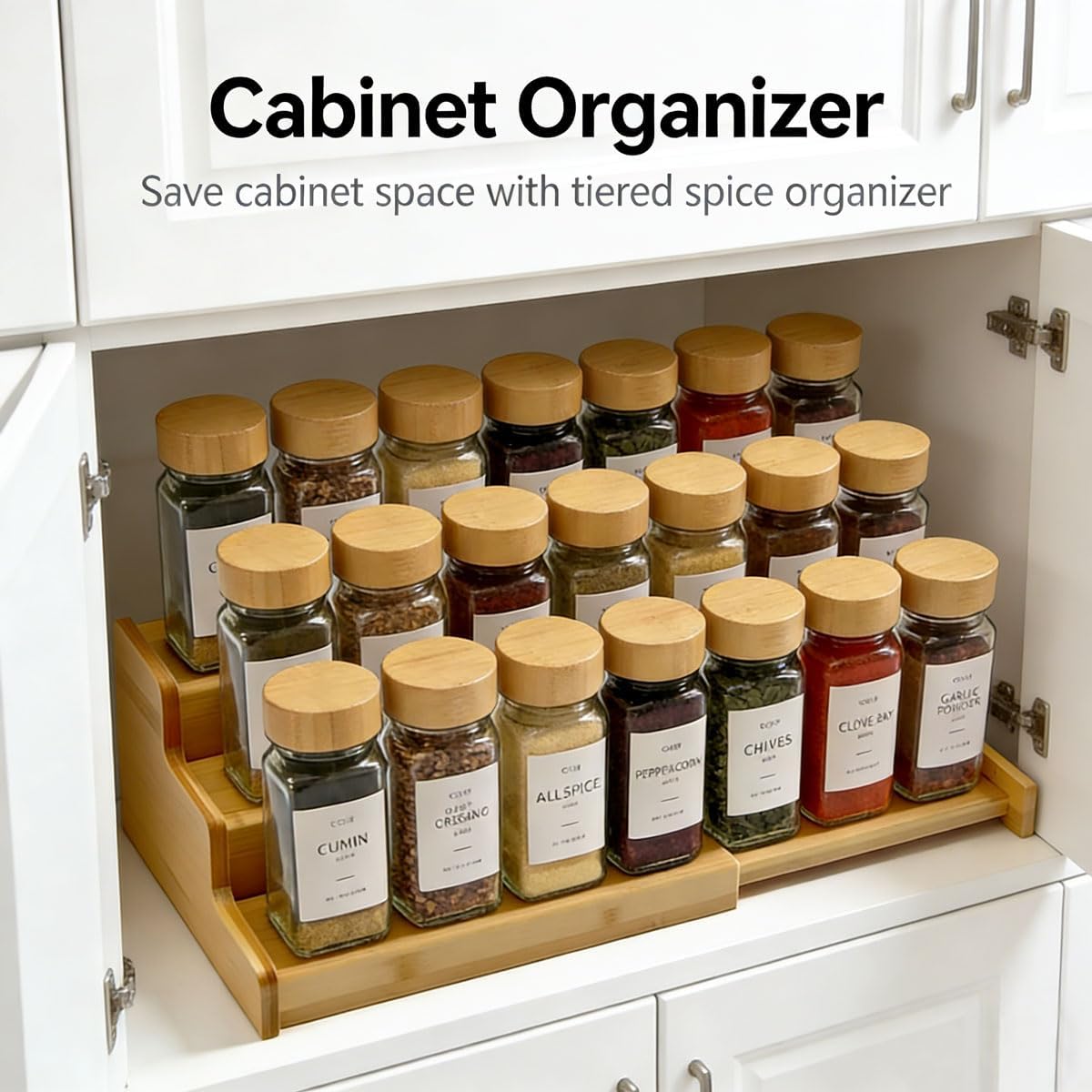 JinDoWin Spice Rack Organizer for Cabinets,Countertop & Pantries,2 Pack | Expandable design, 3-Tier stepped bamboo